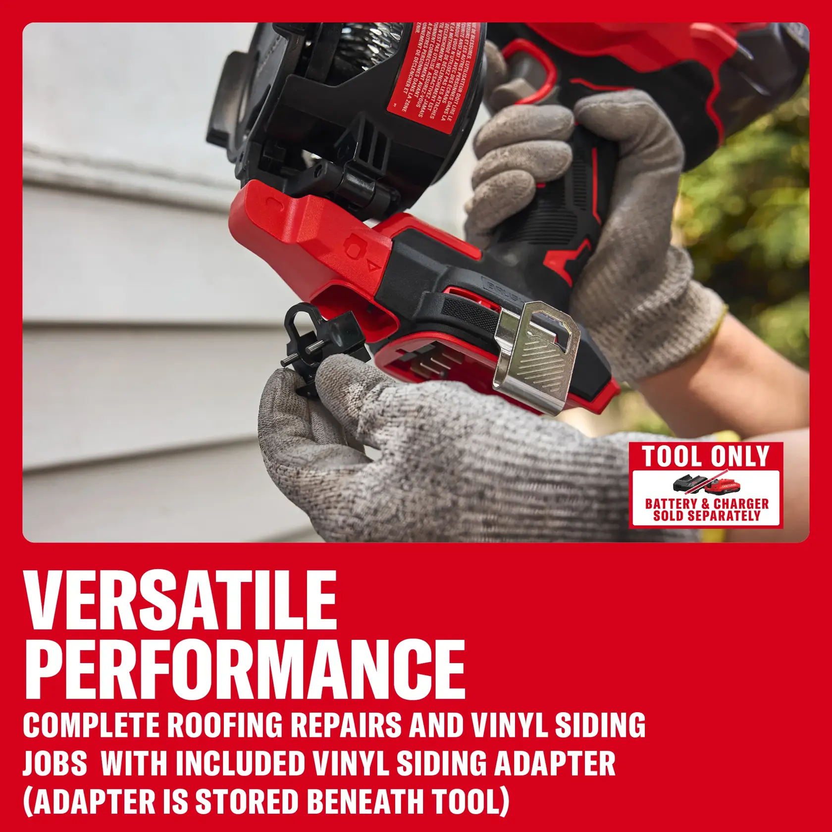 CRAFTSMAN power tool used for cutting siding, shown with gloved hands and versatile performance text.