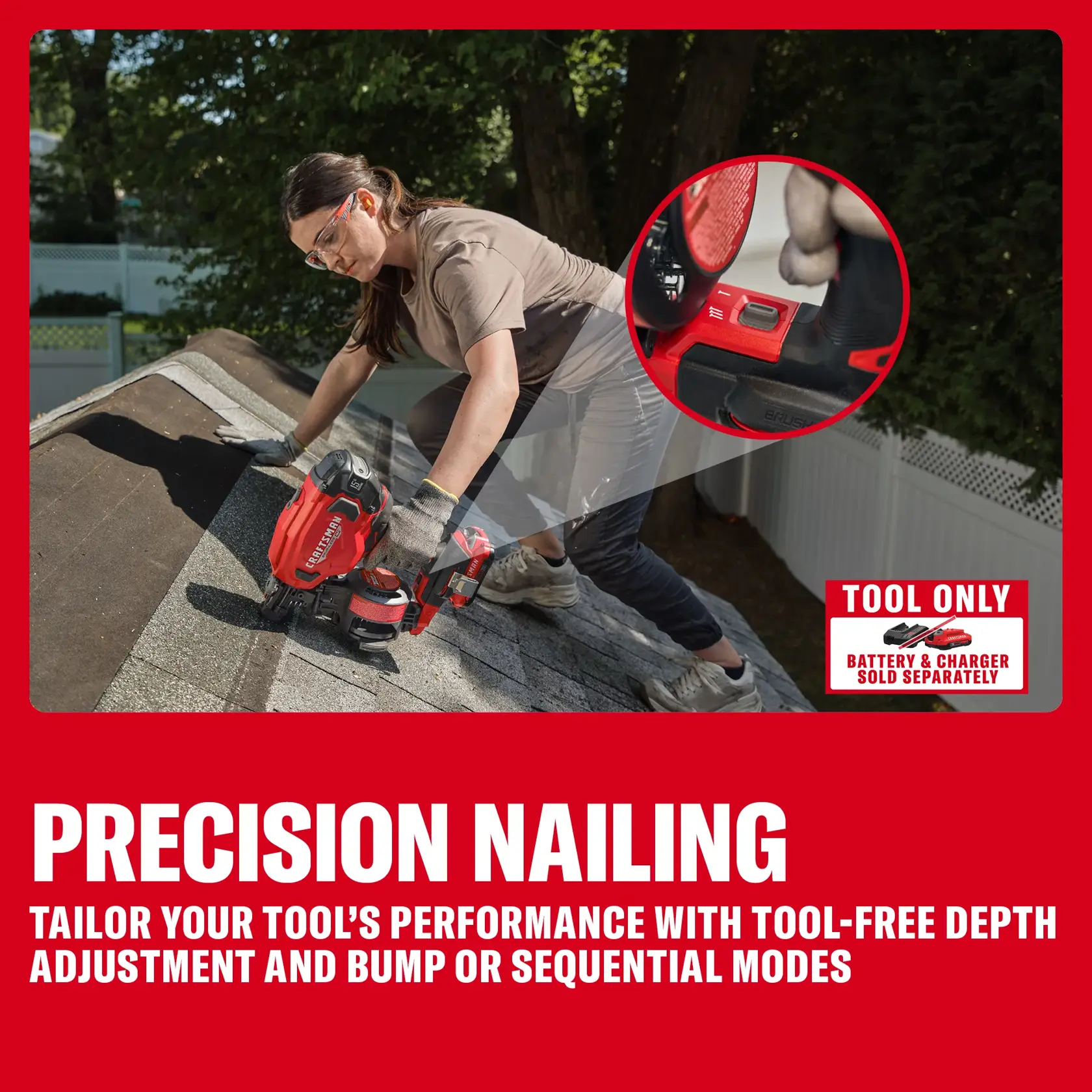 CRAFTSMAN tool used for roofing, showing precision nailing with tool-free depth adjustment and bump modes.