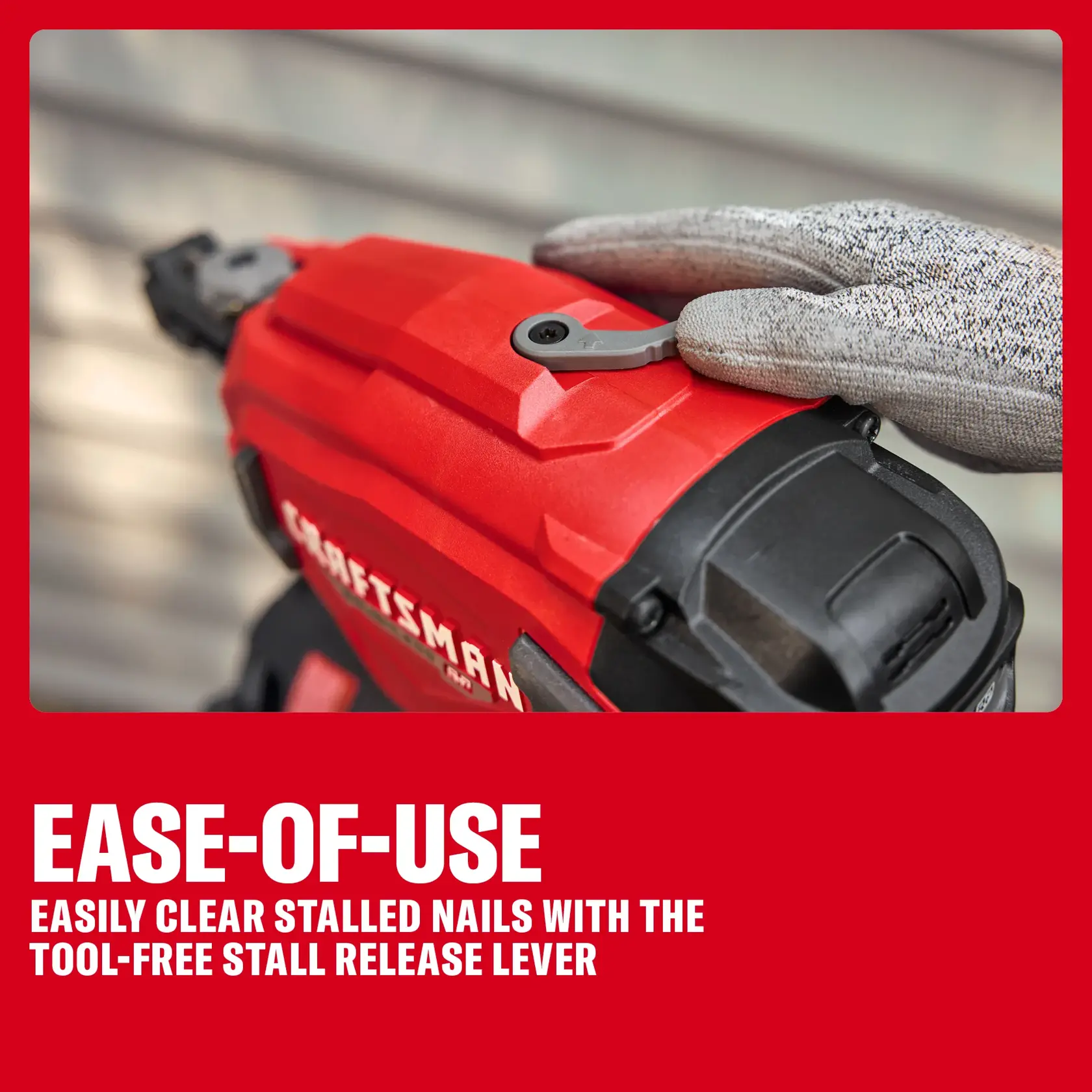 Person uses CRAFTSMAN nailer, showing tool-free stall release lever for easy nail clearing.