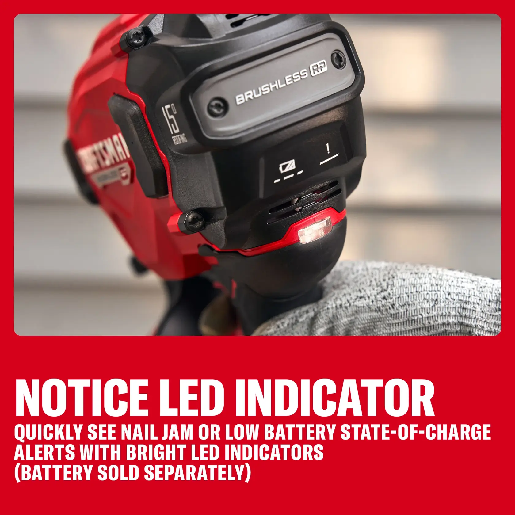CRAFTSMAN tool with LED indicator showing battery status. Text highlights LED for easy charge alerts. Battery not included.
