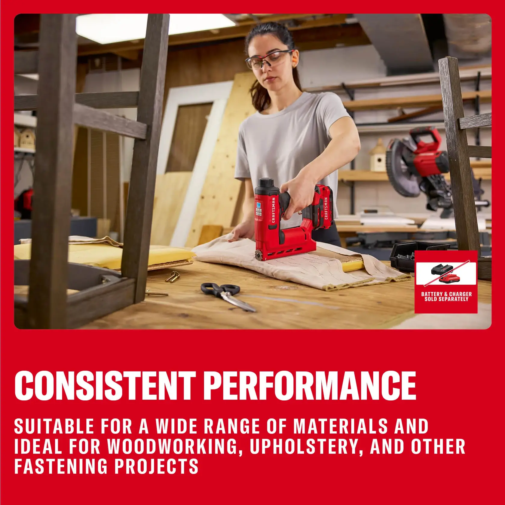 Photo of person using Craftsman cordless stapler CMCN410B on upholstery in a woodworking shop, battery not included.