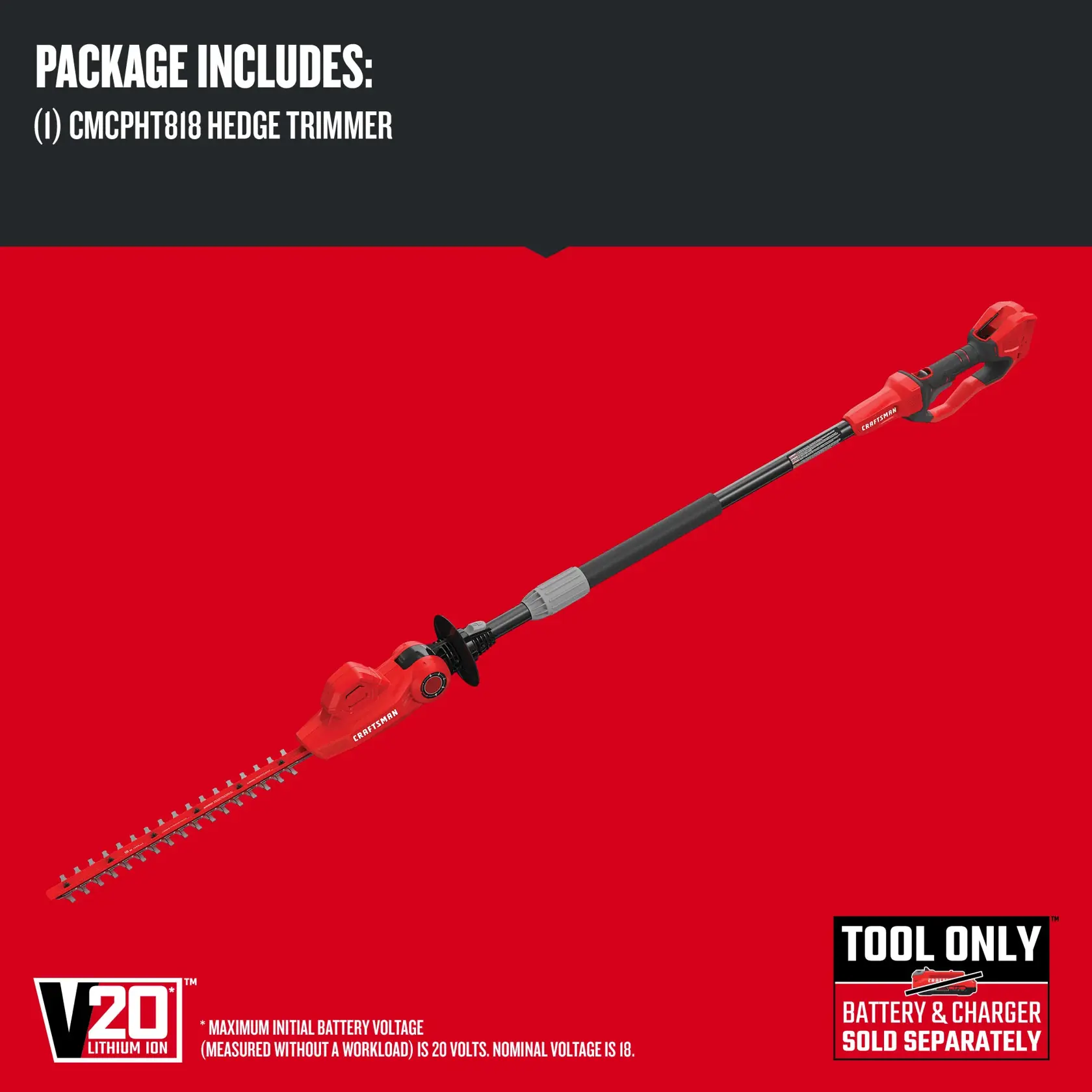 CRAFTSMAN CMCPHT818B V20* Cordless Pole Hedge Trimmer, 18-in. (Tool Only) : CRAFTSMAN CMCPHT818B V20* Cordless Pole Hedge Trimmer