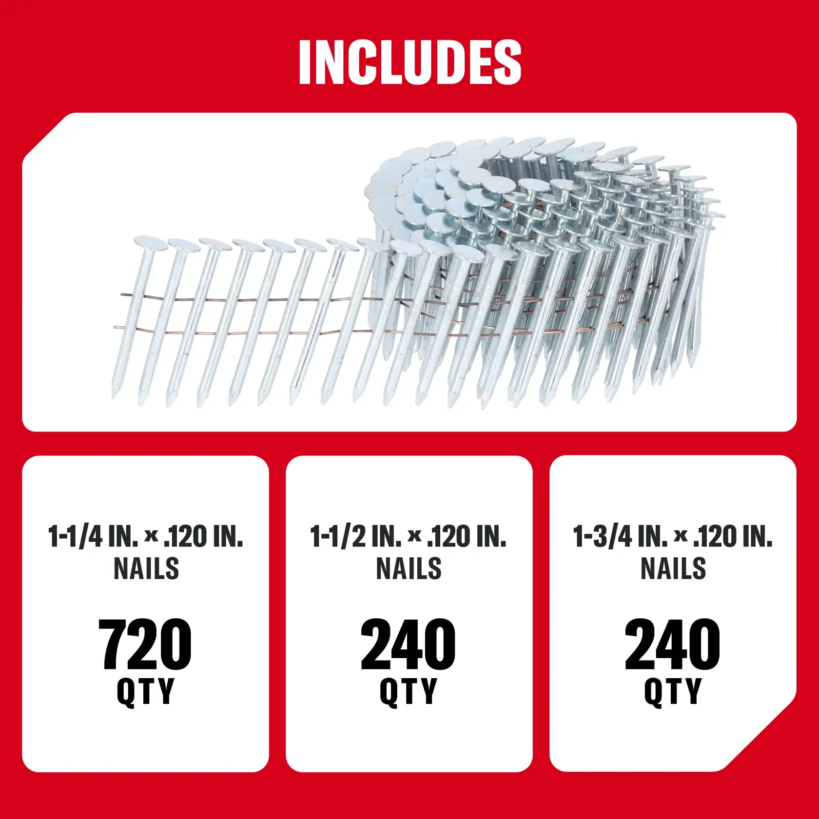 Set includes collated nails: 720 of 1-1/4 in, 240 of 1-1/2 in, 240 of 1-3/4 in, all 0.120 in thick.