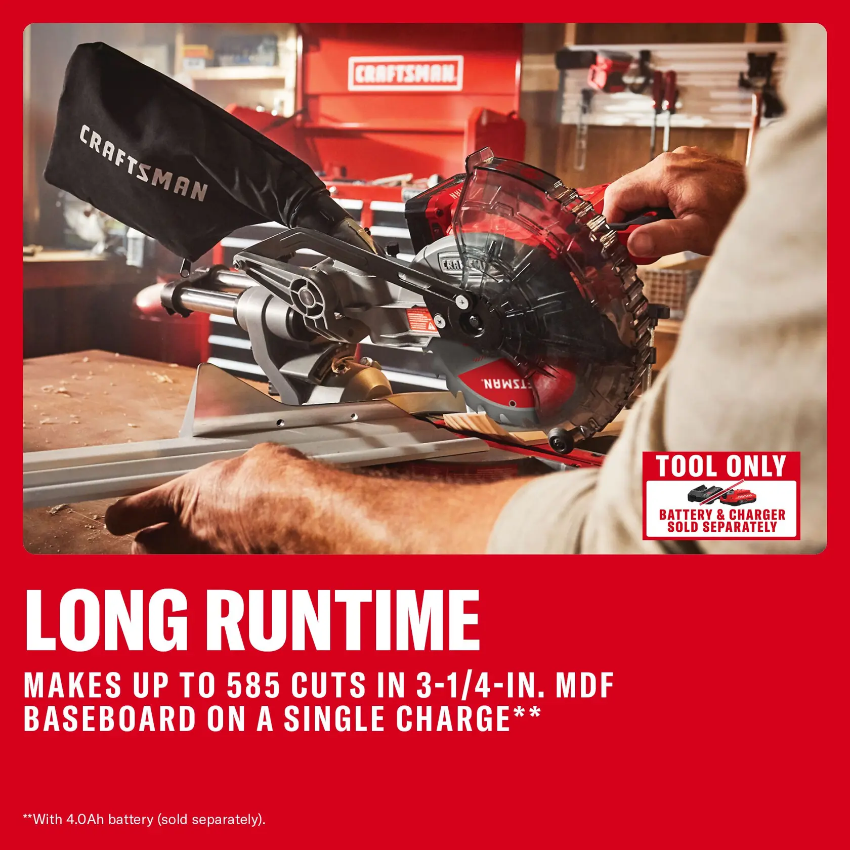 Craftsman CMCS714B cordless miter saw in use on workbench, close up of blade and dust bag, TOOL ONLY promotion.
