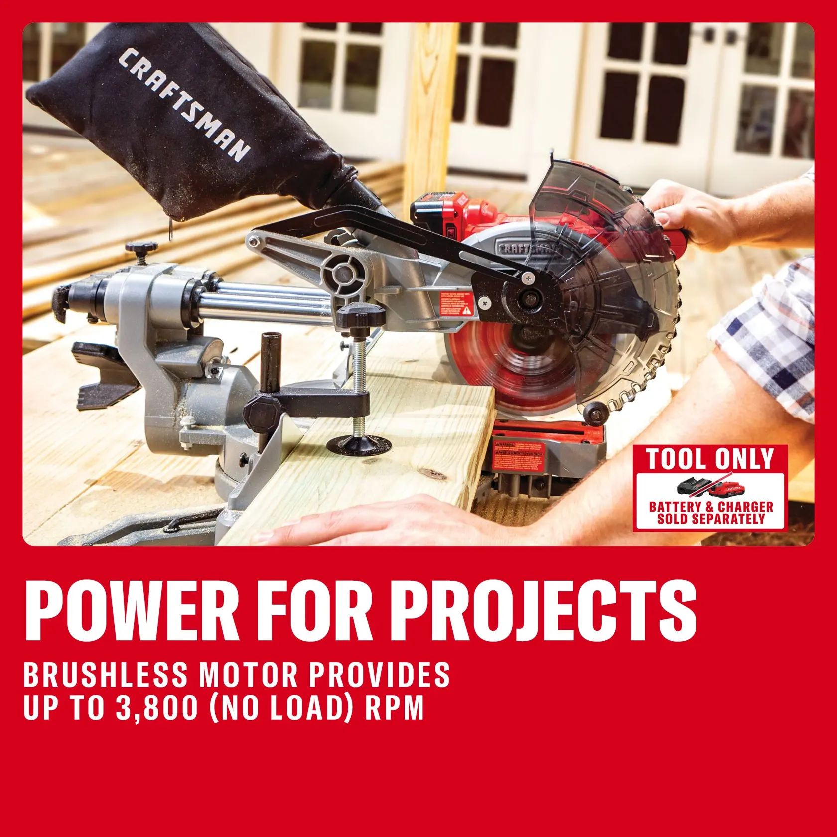 Craftsman CMCS714B miter saw cutting wood outdoors, red tool only label, brushless motor up to 3,800 RPM.