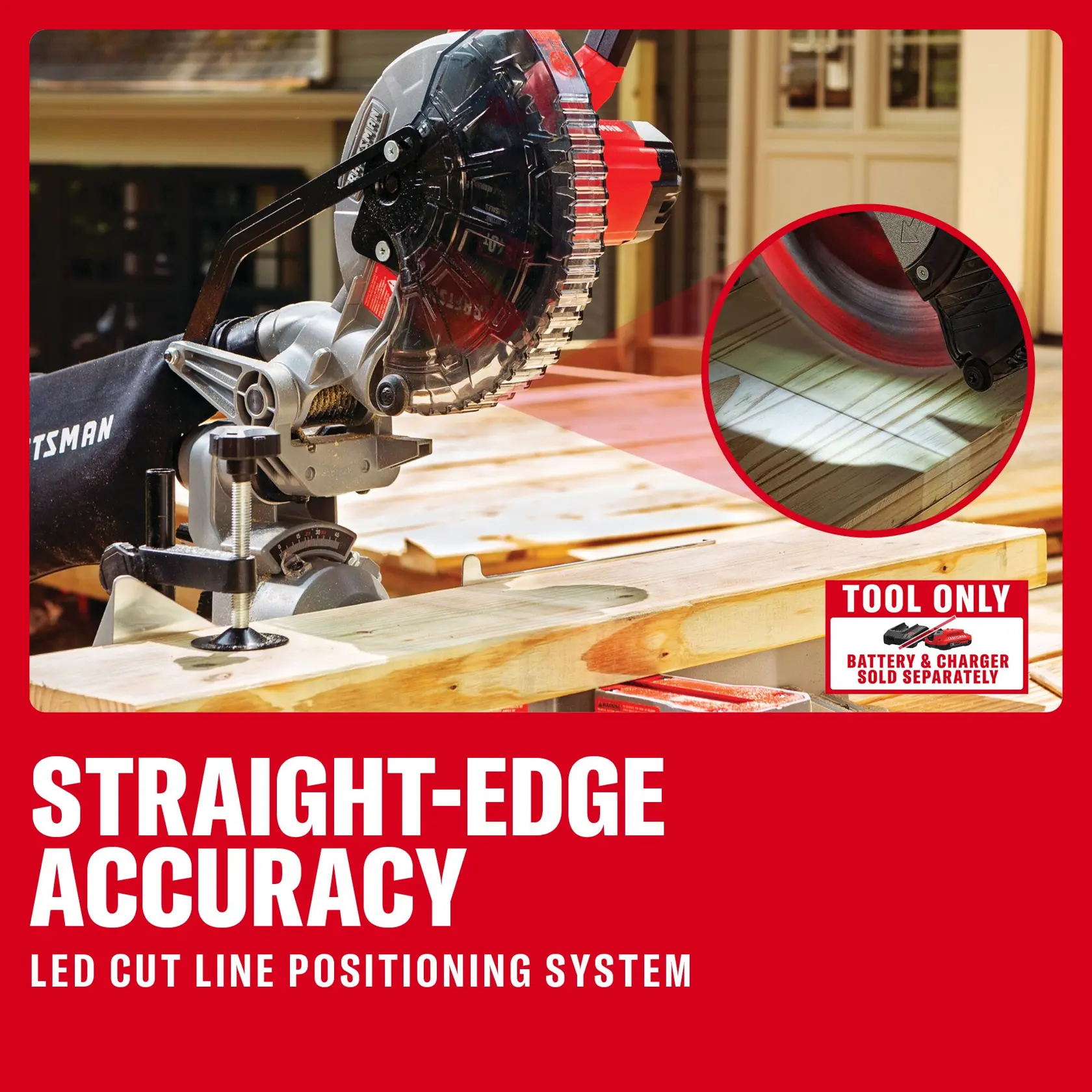 CRAFTSMAN CMCS714B sliding miter saw with LED cut line, closeup of blade on wood, red accents, TOOL ONLY label.