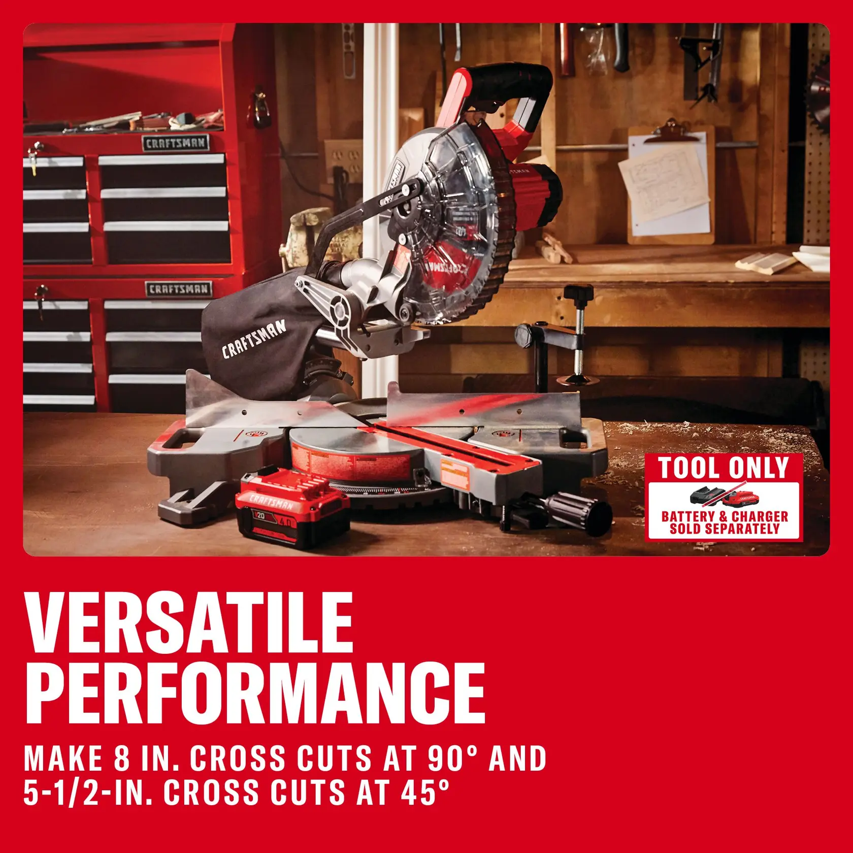 Photo of Craftsman sliding miter saw CMCS714B on workbench, battery shown, tool only, red tool chest in background.