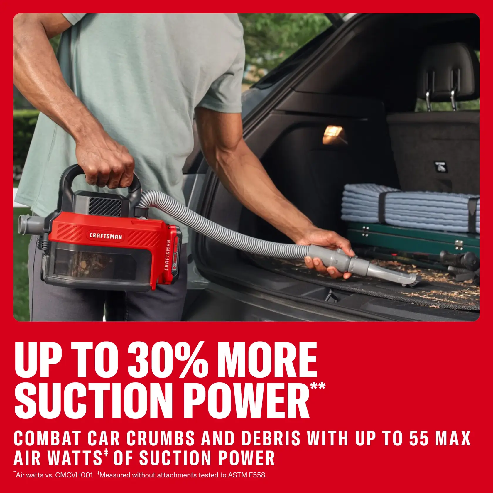 Man uses a CRAFTSMAN cordless handheld vacuum to clean car trunk with debris. Text highlights suction power boost.