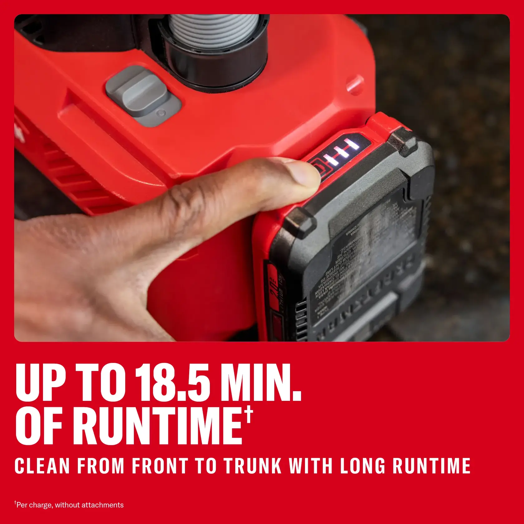 Hand inserts battery into red CRAFTSMAN device, text highlights up to 18.5 minutes of runtime.