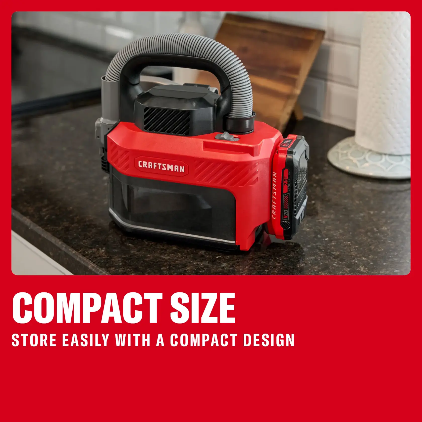 CRAFTSMAN compact cordless vacuum cleaner on a kitchen counter, highlighting its small, easy-to-store design.