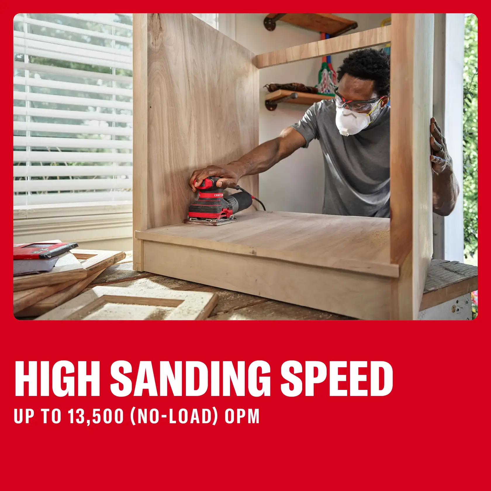 Person uses a CRAFTSMAN sander on wood furniture. Text highlights high sanding speed up to 13,500 OPM.