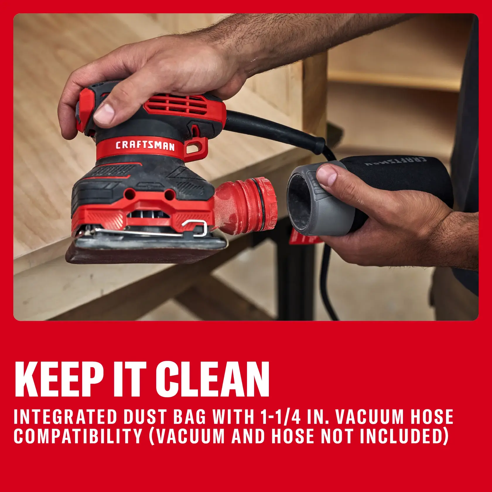 CRAFTSMAN hand sander with dust bag and hose compatibility shown being used on a wooden surface.