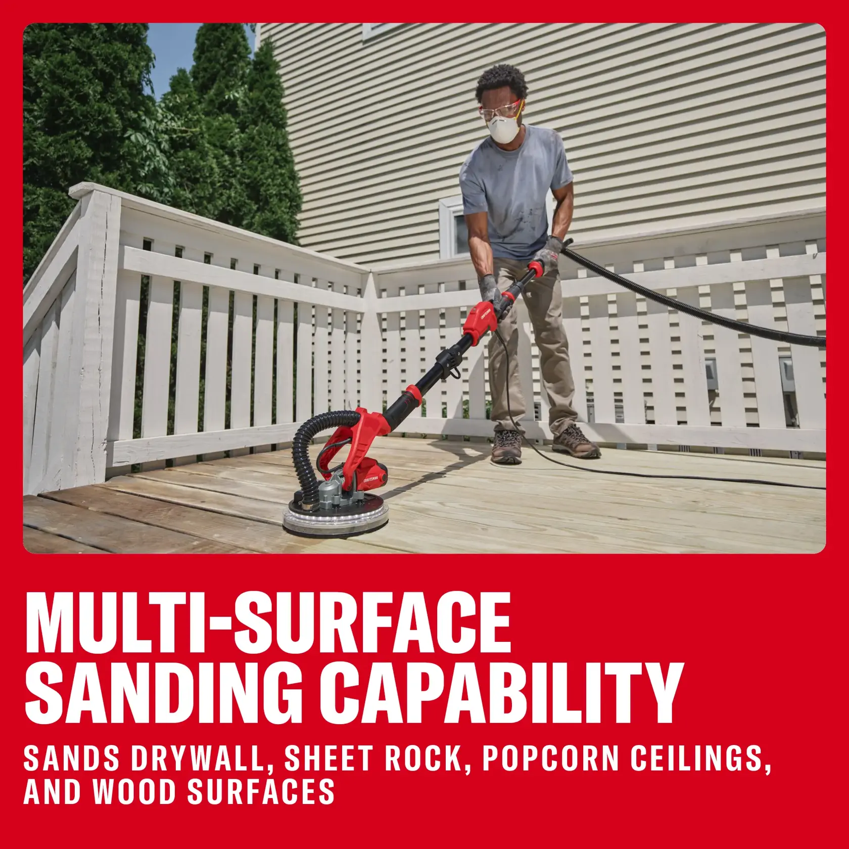 Person uses CRAFTSMAN sander on wood deck; tool has multi-surface sanding for drywall, ceilings, and wood.