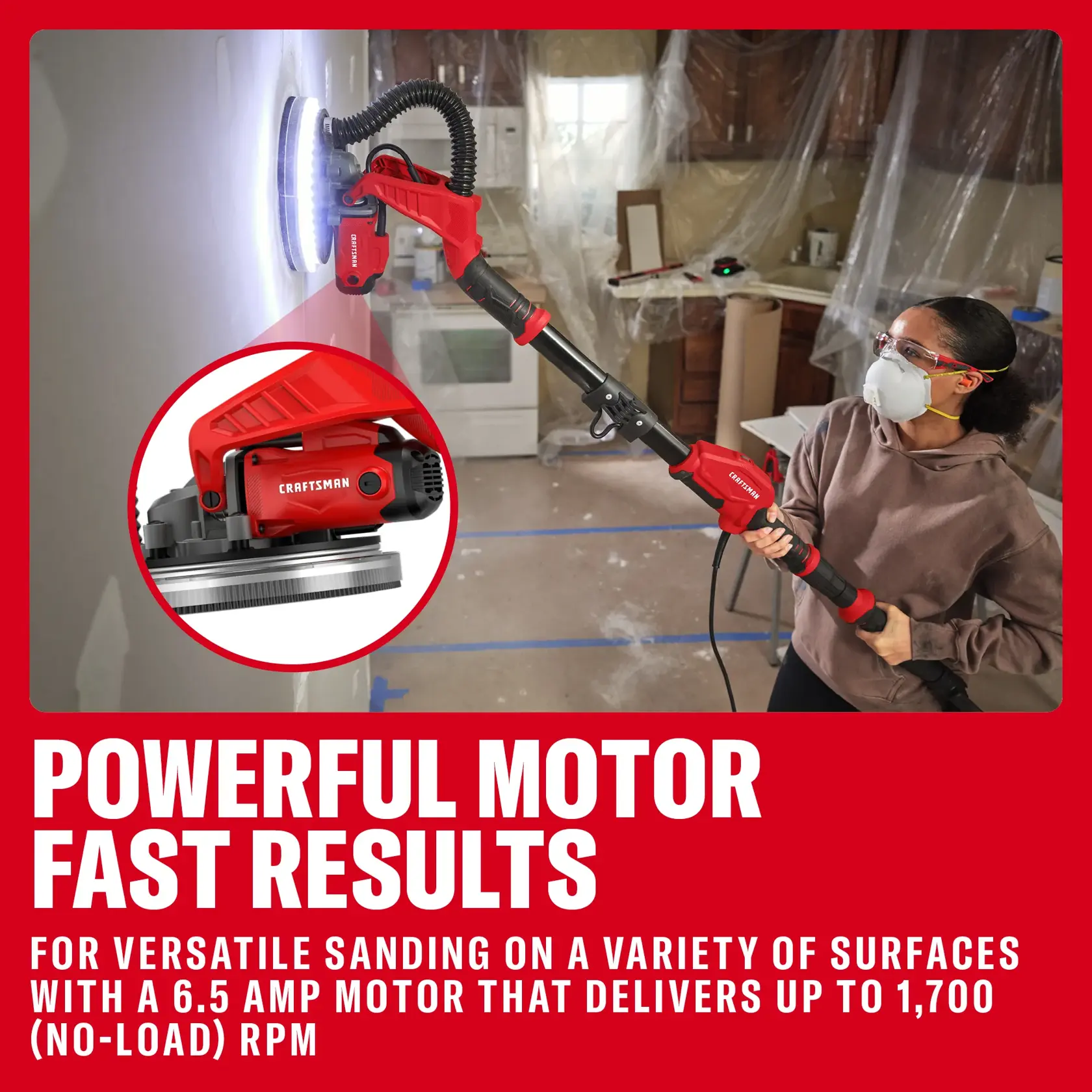 CRAFTSMAN handheld sander with LED light used on wall; inset shows close-up of motor and sanding disc.