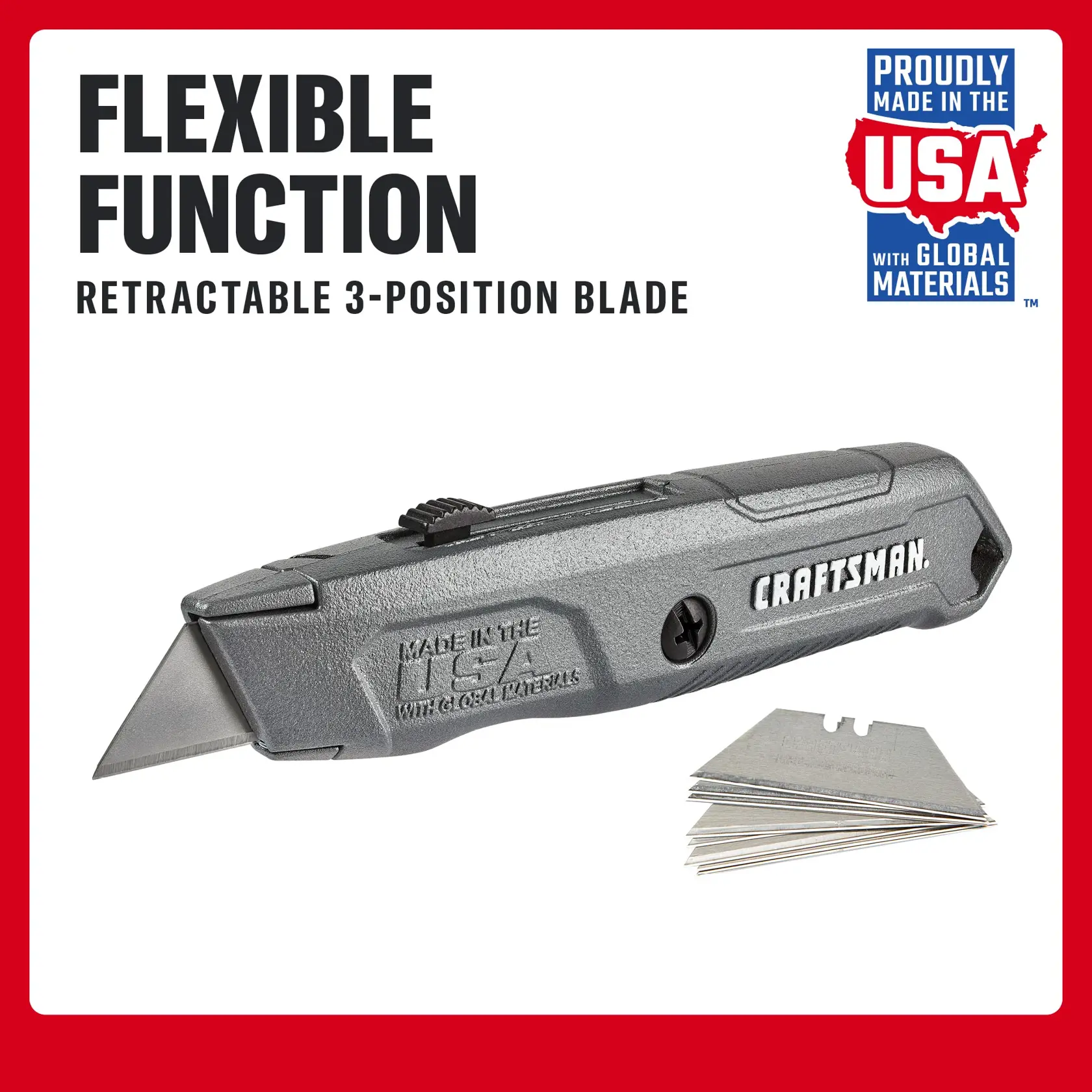 CRAFTSMAN utility knife with retractable 3-position blade and spare blades, made in the USA.