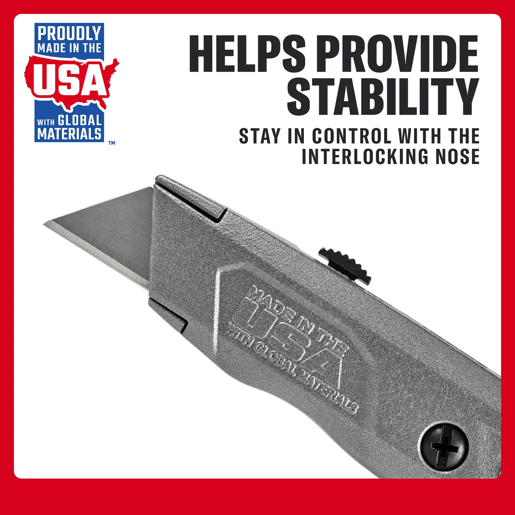Photo of Craftsman utility knife CMHT10585L10, silver with interlocking nose, partial side view on white background.