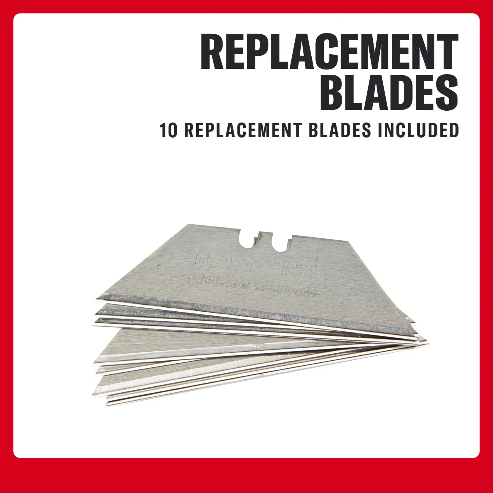Stack of 10 replacement utility blades on white background with bold text indicating blades are included.