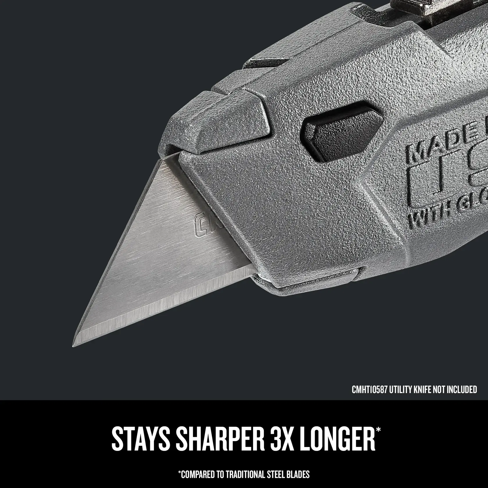 Craftsman utility blade CMHT11921A close-up, silver finish, inserted in utility knife, graphics category.