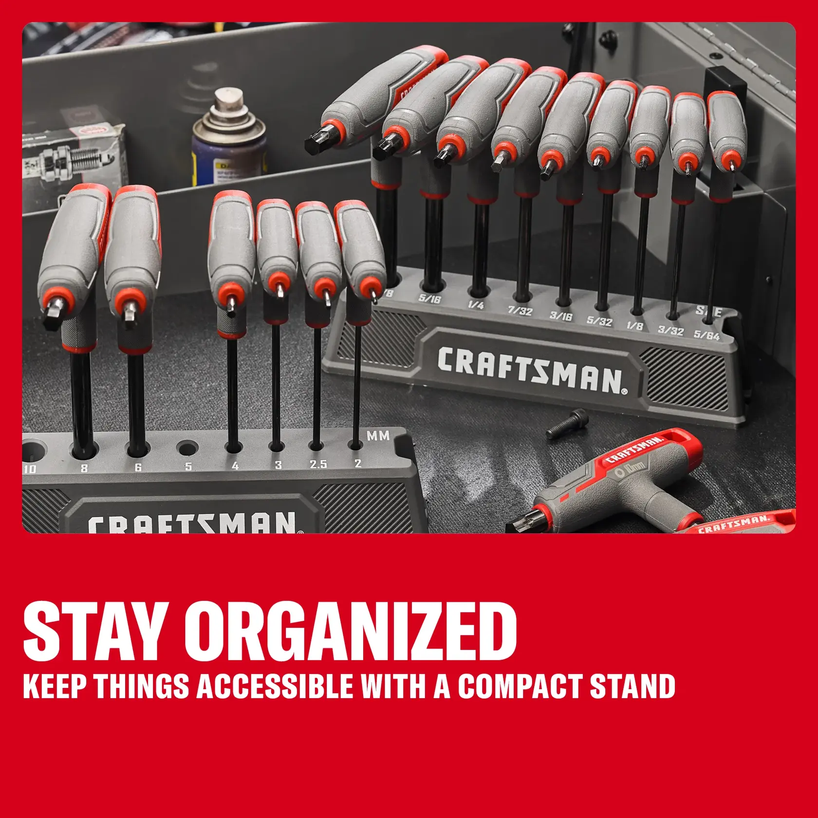 CRAFTSMAN hex key sets shown in labeled compact stands for organized storage in a workshop.