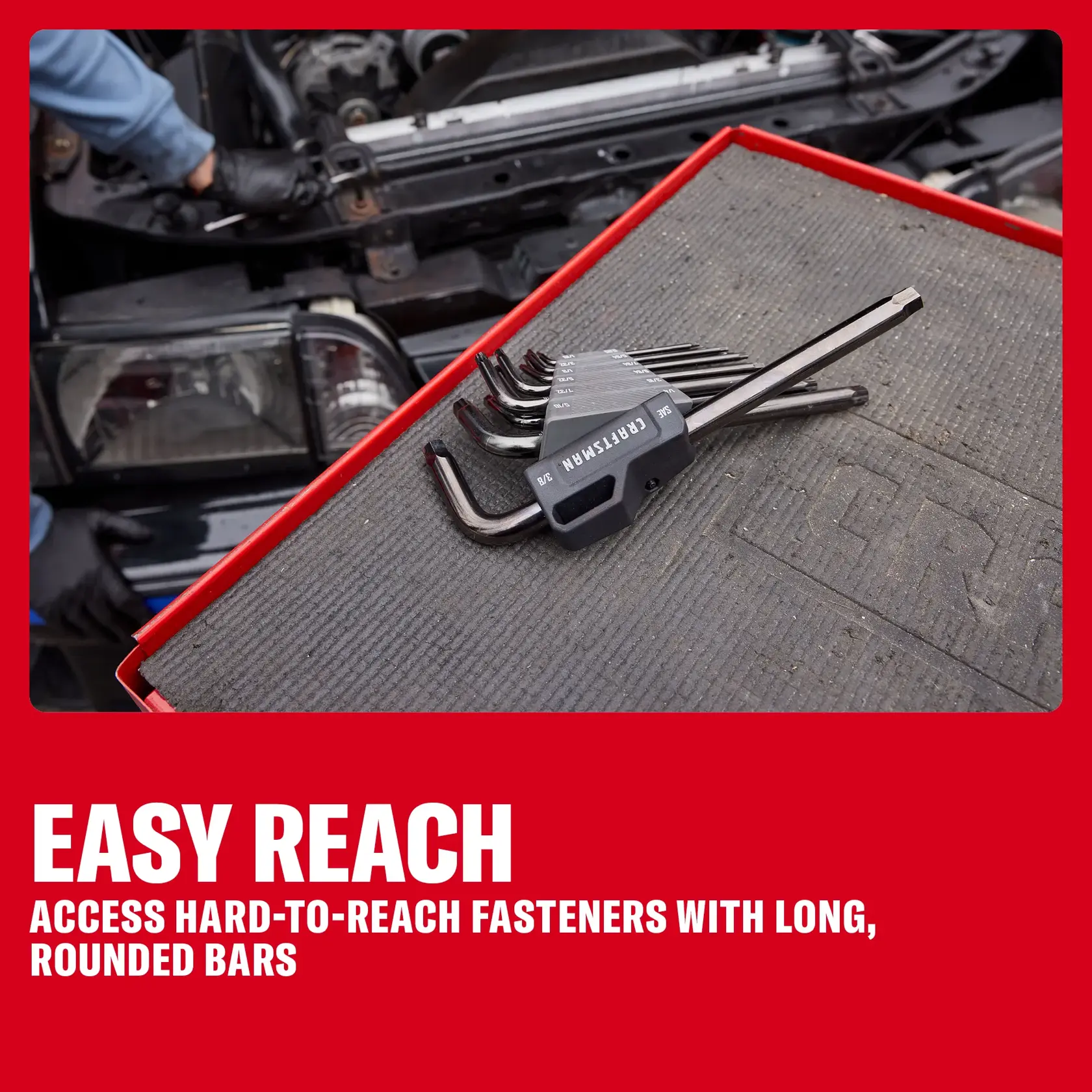 CRAFTSMAN hex key set on a tray, used to access hard-to-reach fasteners in automotive repair work.
