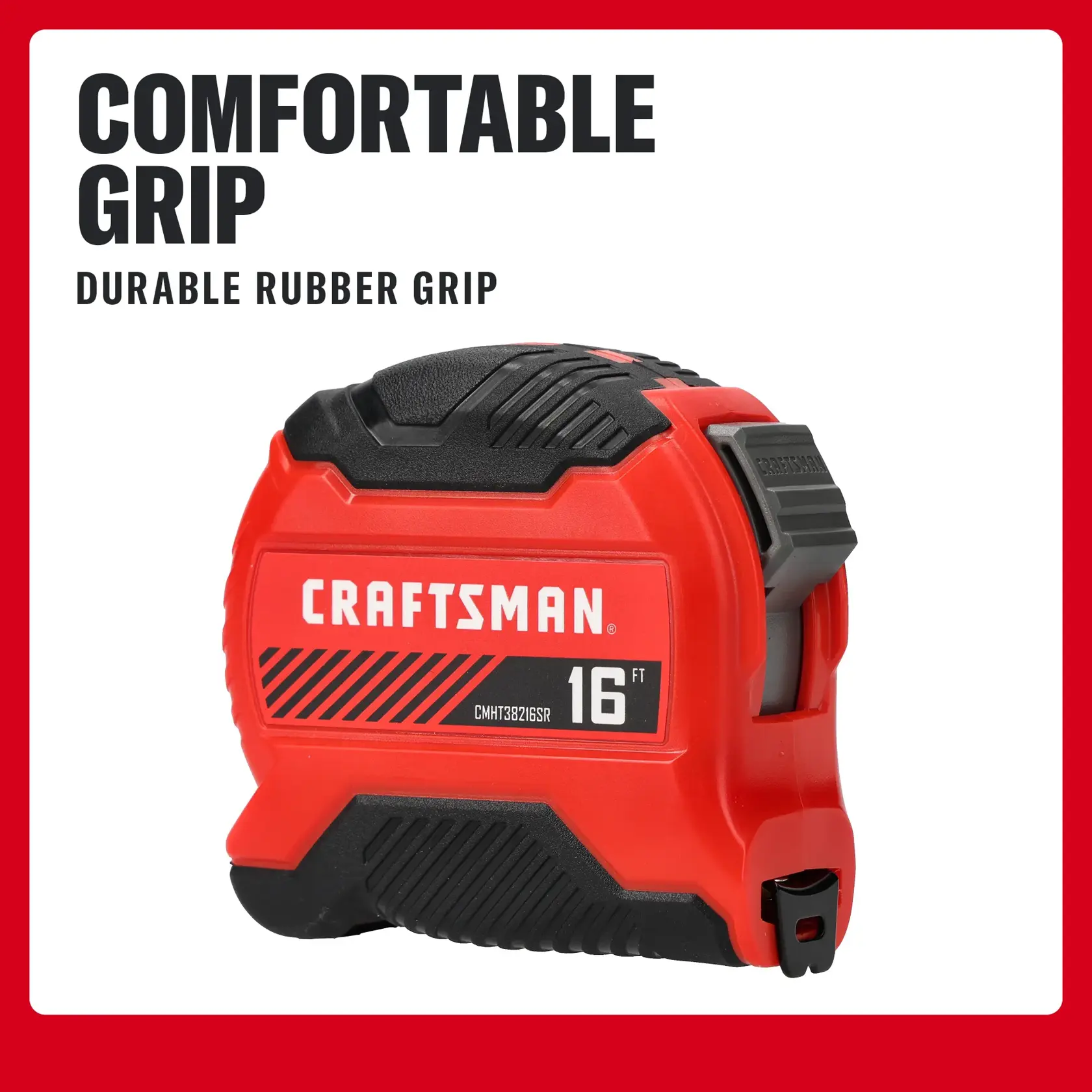 CRAFTSMAN 16 ft tape measure with durable rubber grip, shown on white and red background.