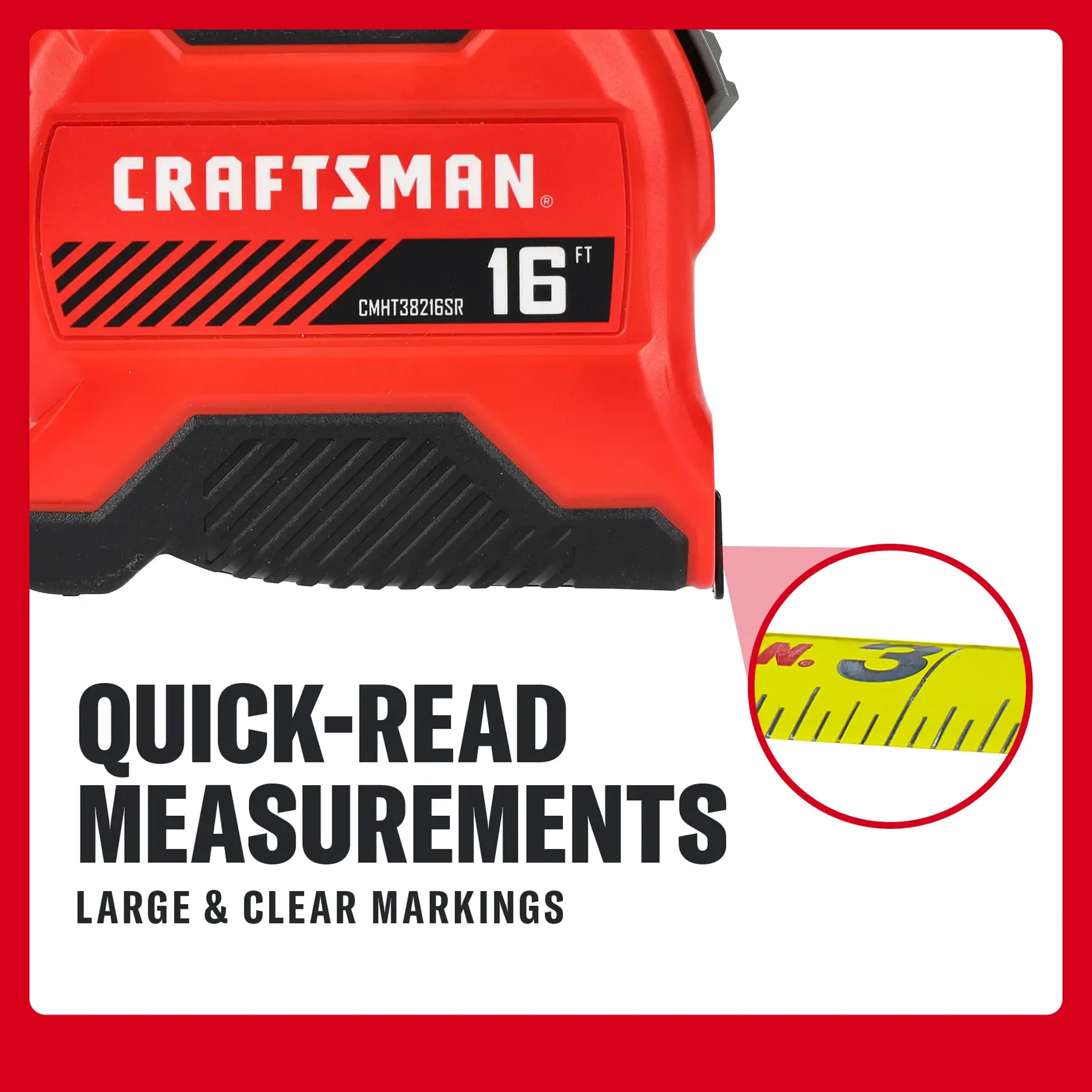 Photo of Craftsman tape measure, SKU CMHT38216SRL, 16 ft, with large, clear markings for quick-read measurements.