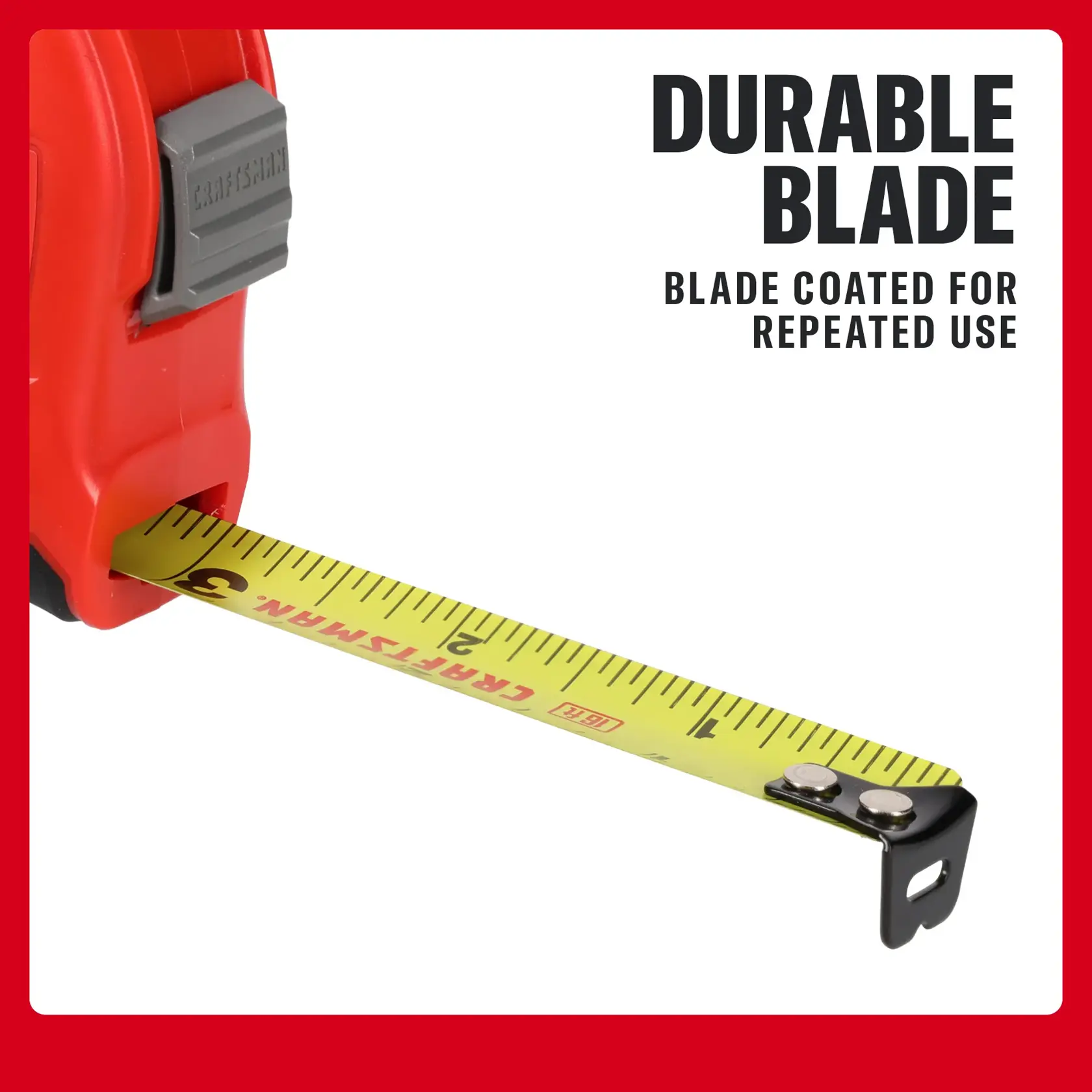 Photo of CRAFTSMAN tape measure with yellow blade, SKU CMHT38216SRL, showing durable coated blade feature.