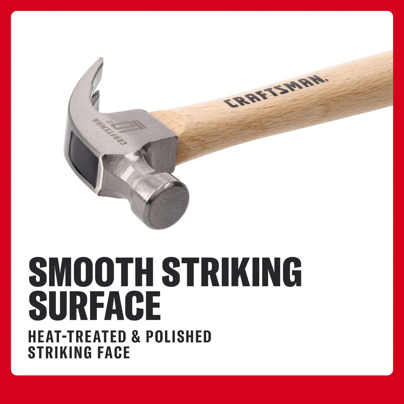 Photo of Craftsman claw hammer with wood handle, SKU CMHT51455L, angled to show smooth striking face.