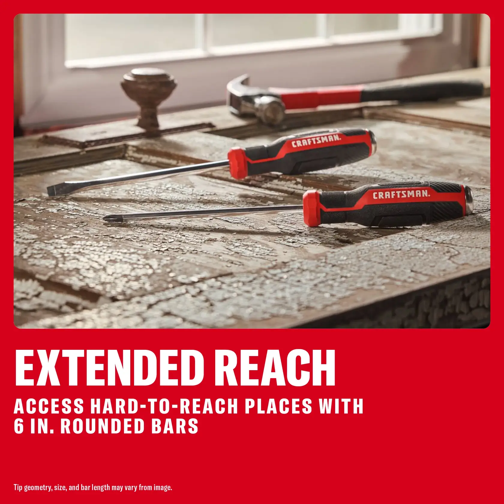 Two CRAFTSMAN screwdrivers with 6-inch bars and a hammer on a work surface, for hard-to-reach places.