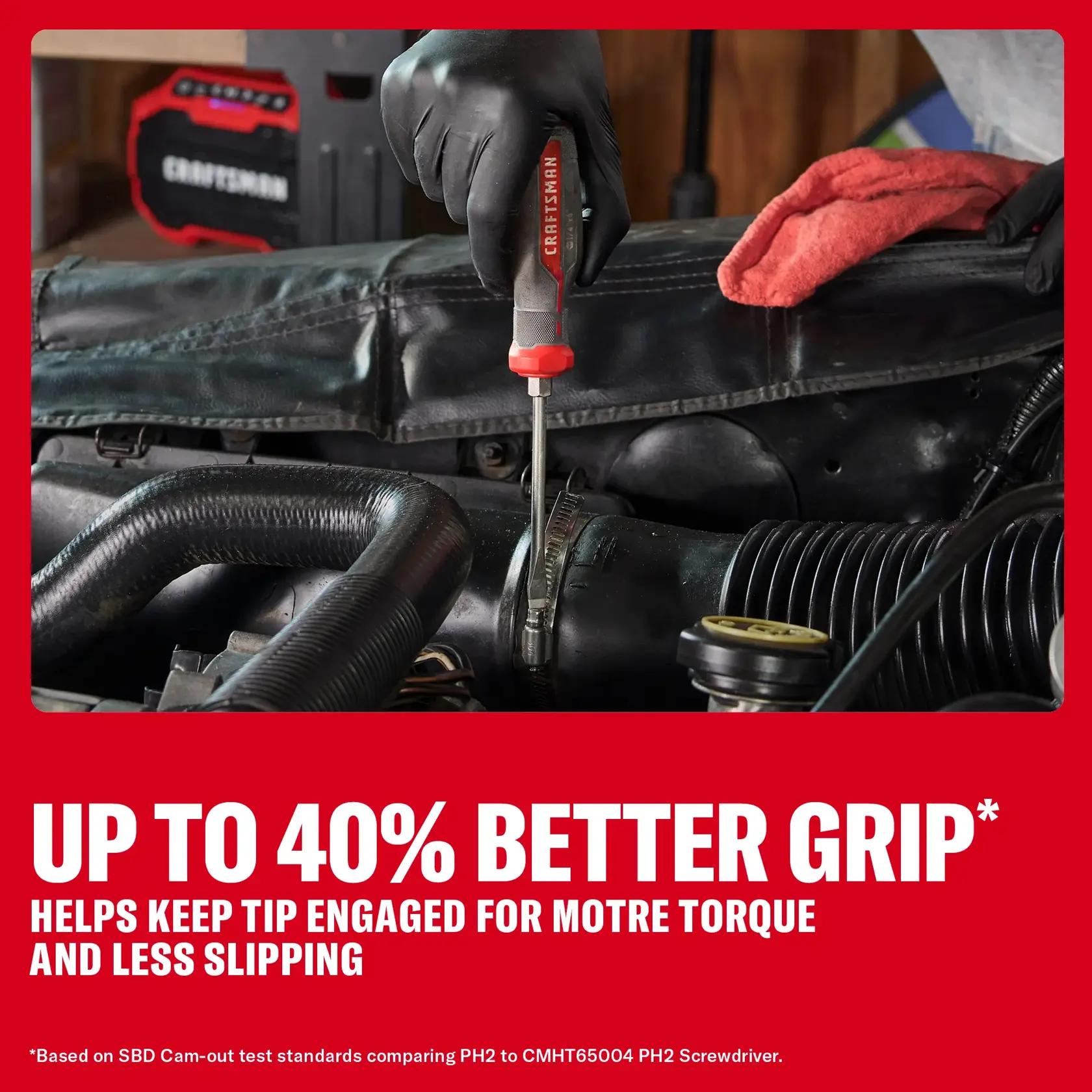 Gloved hand using a CRAFTSMAN screwdriver on engine parts. Text highlights better grip and less slipping.