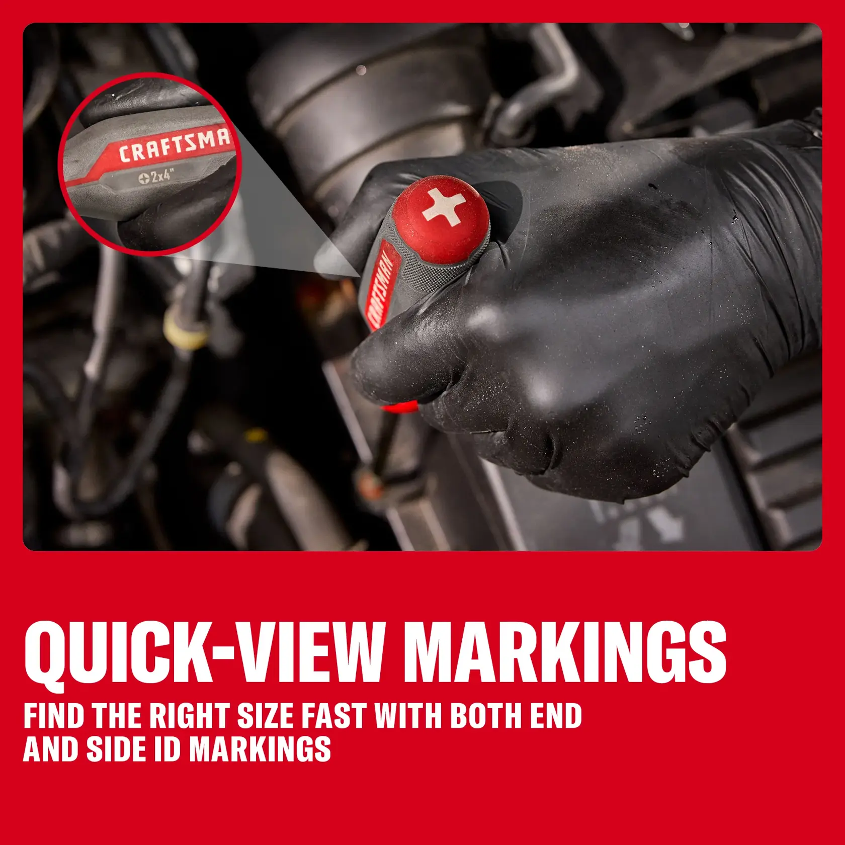 Gloved hand holds a CRAFTSMAN screwdriver with visible quick-view markings on the end and side for easy identification.