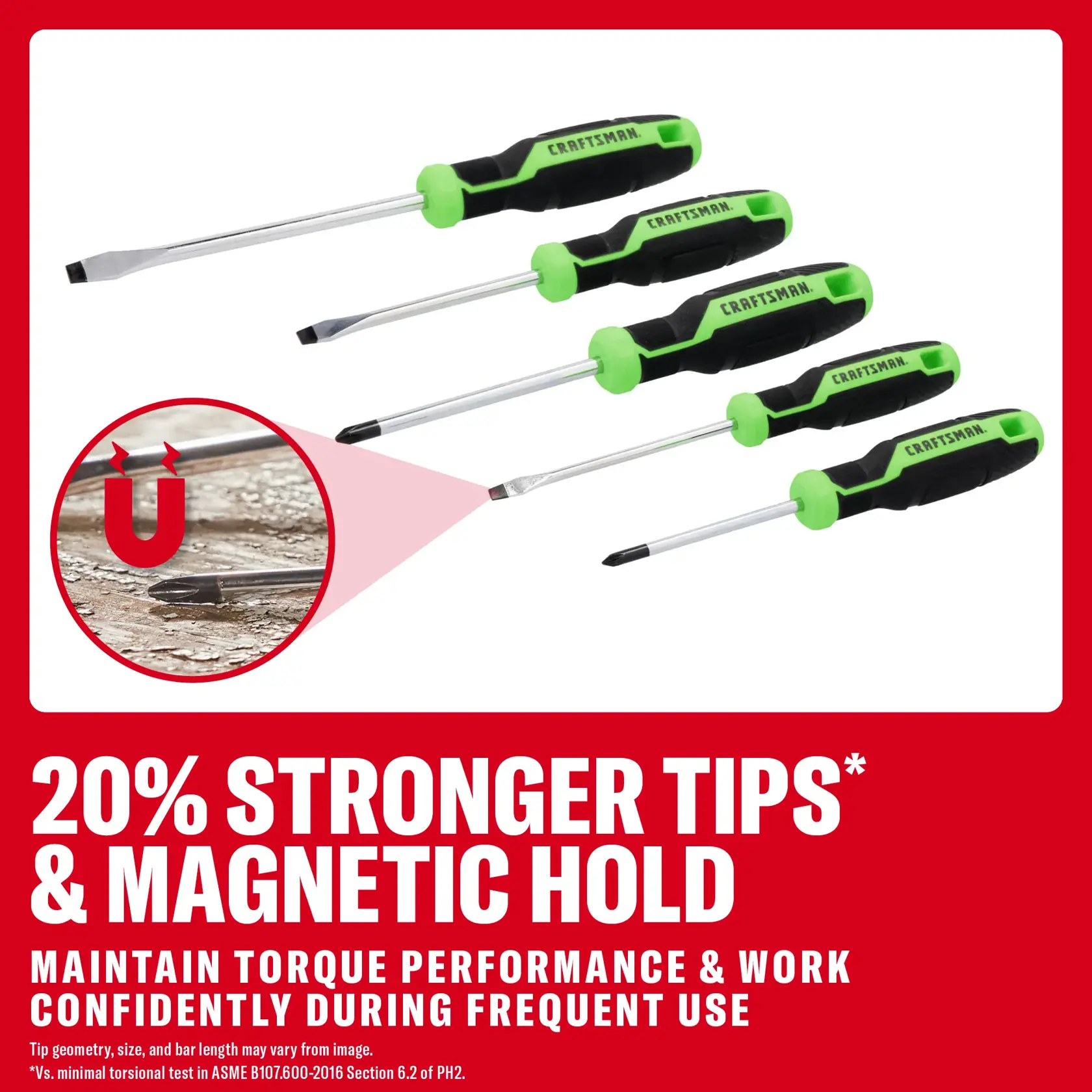 CRAFTSMAN magnetic screwdrivers with green handles, promoting 20% stronger tips and magnetic hold for frequent use.