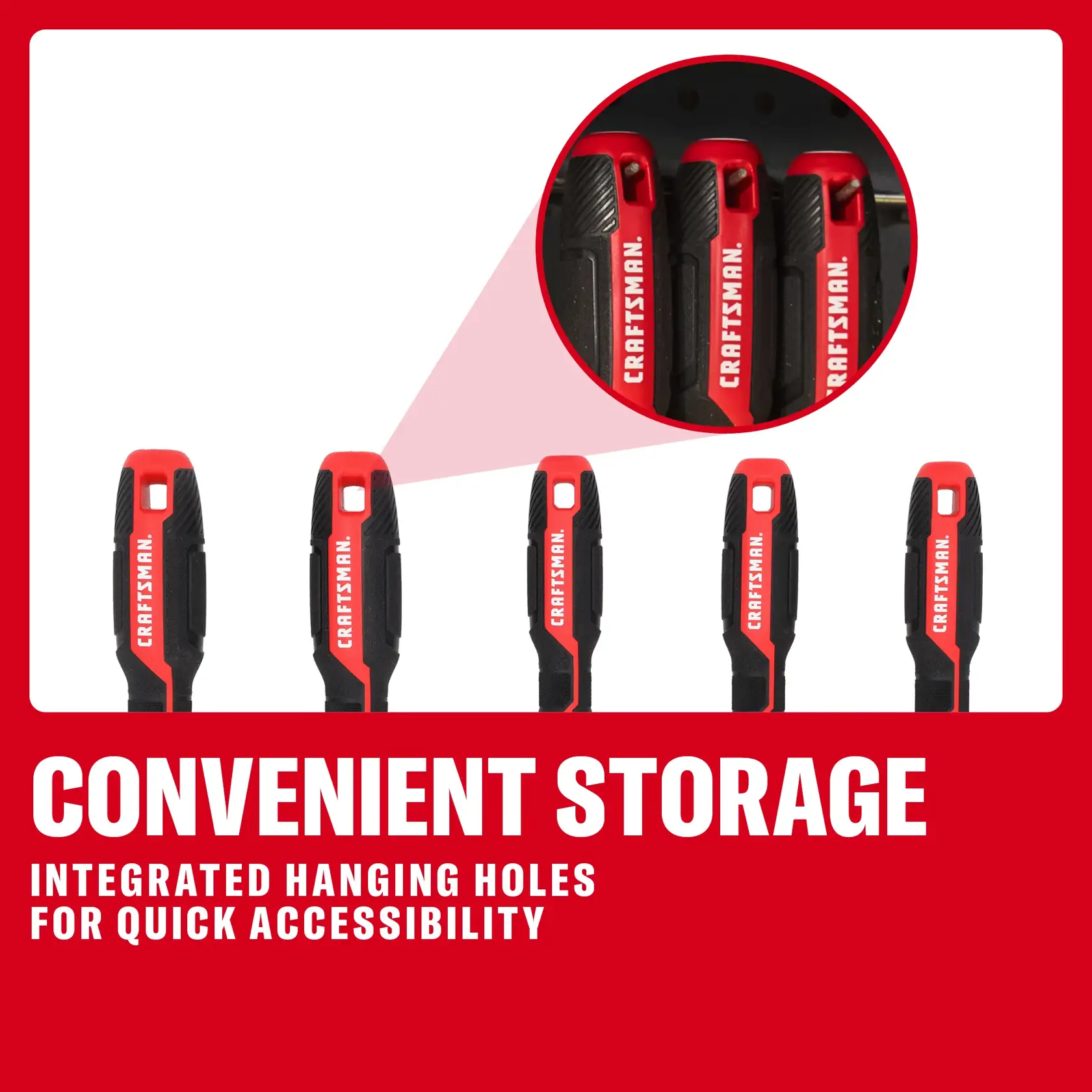 CRAFTSMAN screwdrivers with hanging holes for easy storage and quick access, displayed in a row.