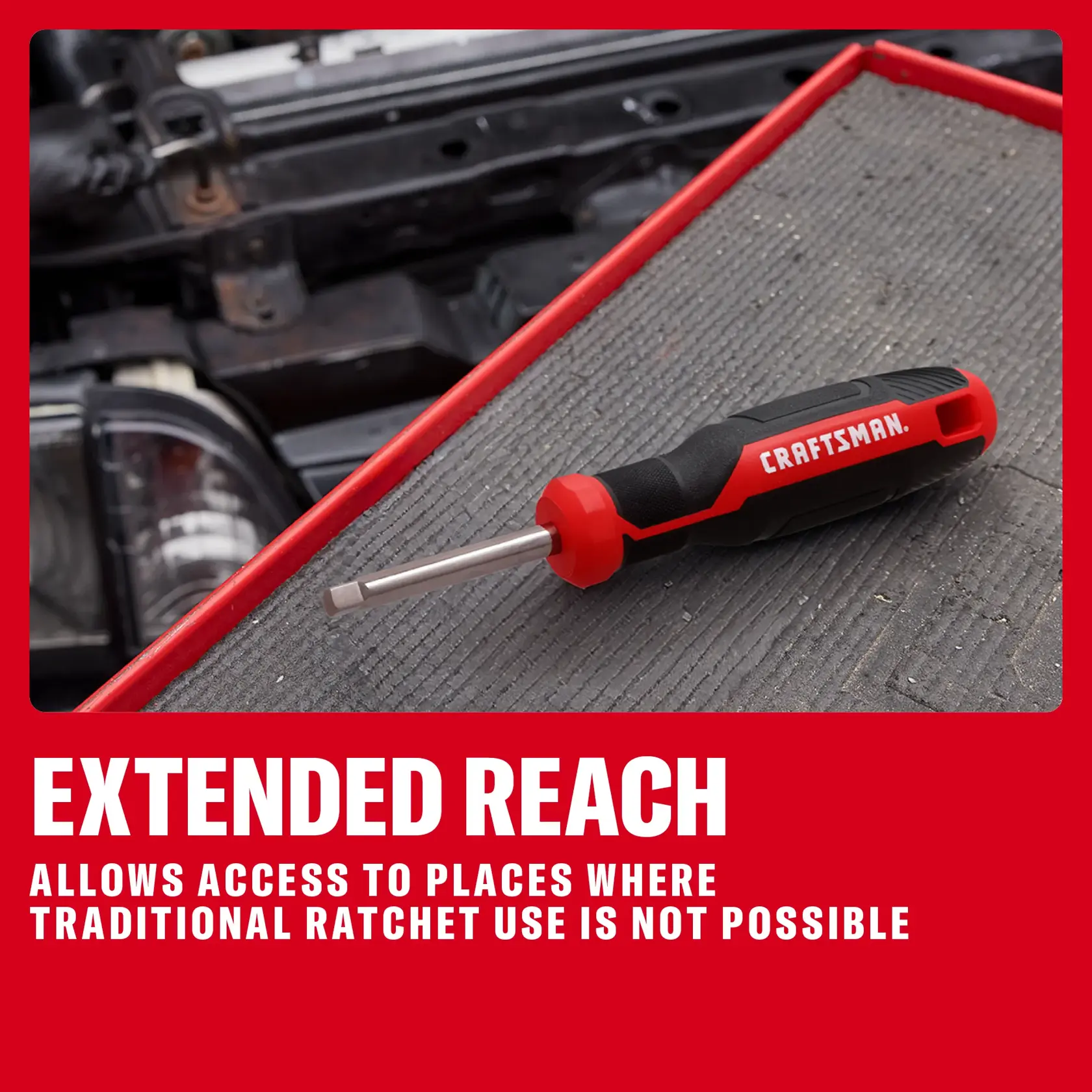 CRAFTSMAN hand tool with extended reach, shown on a mat near a car engine, designed for tough-to-access spots.