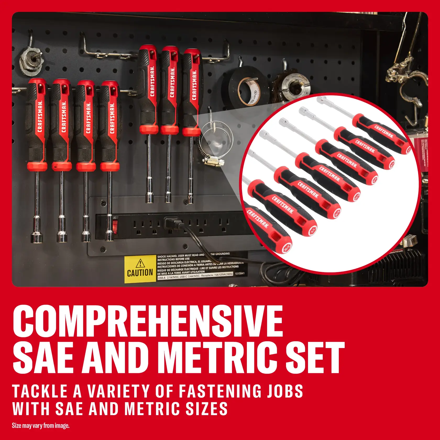CRAFTSMAN SAE and metric set with SKUs 0-29-808, CMHT65145, CMHT65144, CMHT65143 shown hanging in a tool cabinet.
