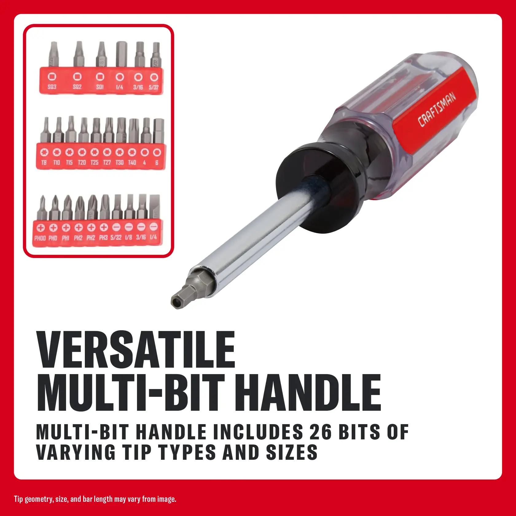 Craftsman multi-bit handle screwdriver shown with 26 interchangeable bits for various screw types and sizes.