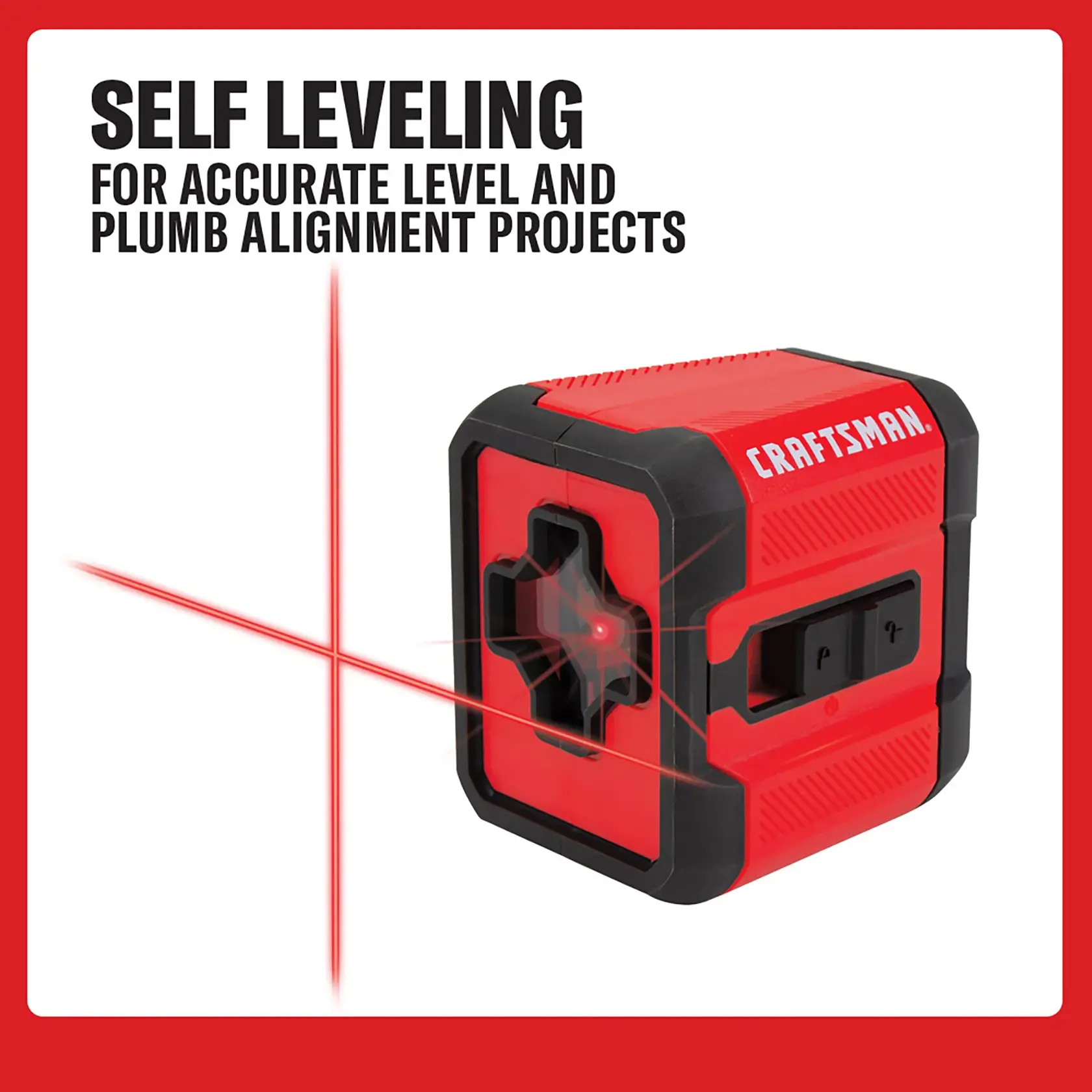 A red and black Craftsman self-leveling laser level tool projects red horizontal and vertical laser lines for accurate level and plumb alignment projects. The background contains text highlighting its self-leveling feature.