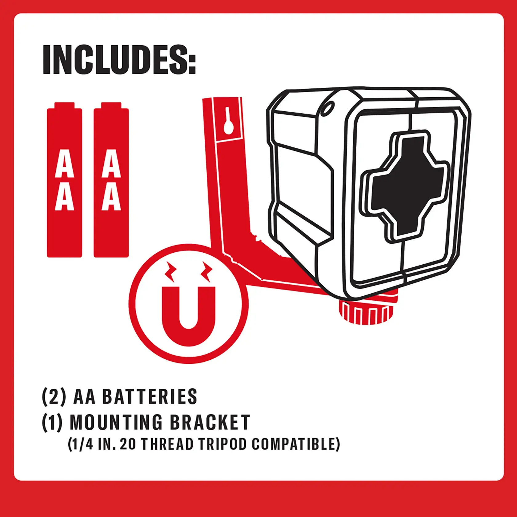Product contents illustration showing two AA batteries, a mounting bracket, and a device with a cross-shaped front. The text indicates that the package includes two AA batteries and one mounting bracket, which is compatible with a 1/4 inch 20 thread tripod. A magnet icon is also present.
