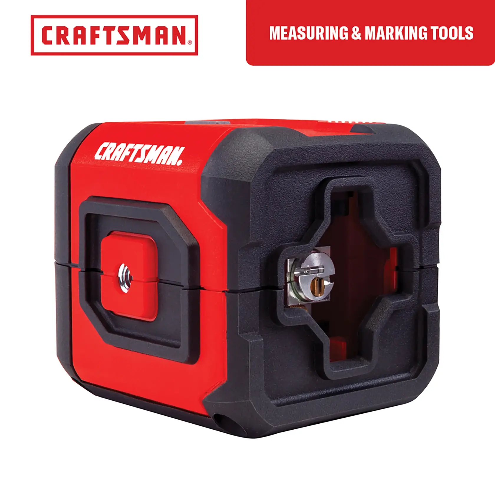 A red and black Craftsman branded laser measuring and marking tool, shown from an angle with prominent lens and protective casing. Product category label 'Measuring & Marking Tools' appears in the image.