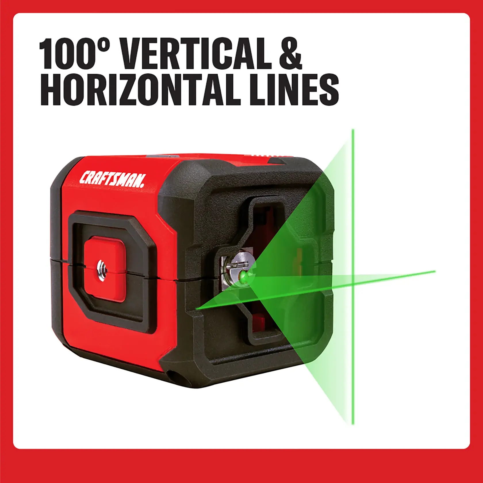 A red and black Craftsman laser level tool projecting green vertical and horizontal lines at a 100-degree angle. The text above the tool says '100° VERTICAL & HORIZONTAL LINES.' The image is framed by a red border.