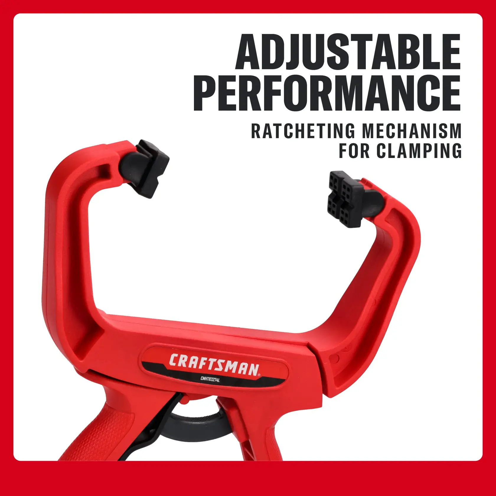CRAFTSMAN red ratcheting clamp, adjustable for clamping, shown with product name and performance features.