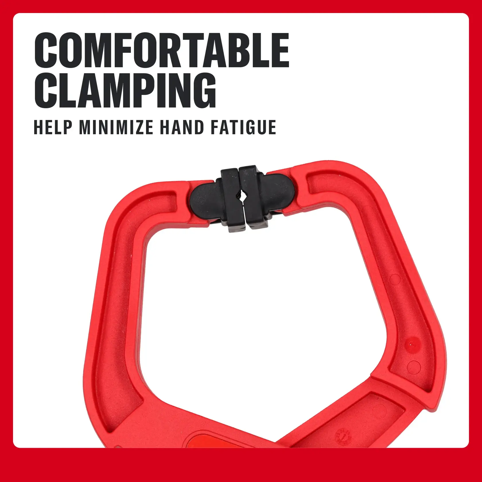 CRAFTSMAN CMHT83274L red clamp close-up, angled on white. Text highlights comfortable clamping and hand fatigue relief.
