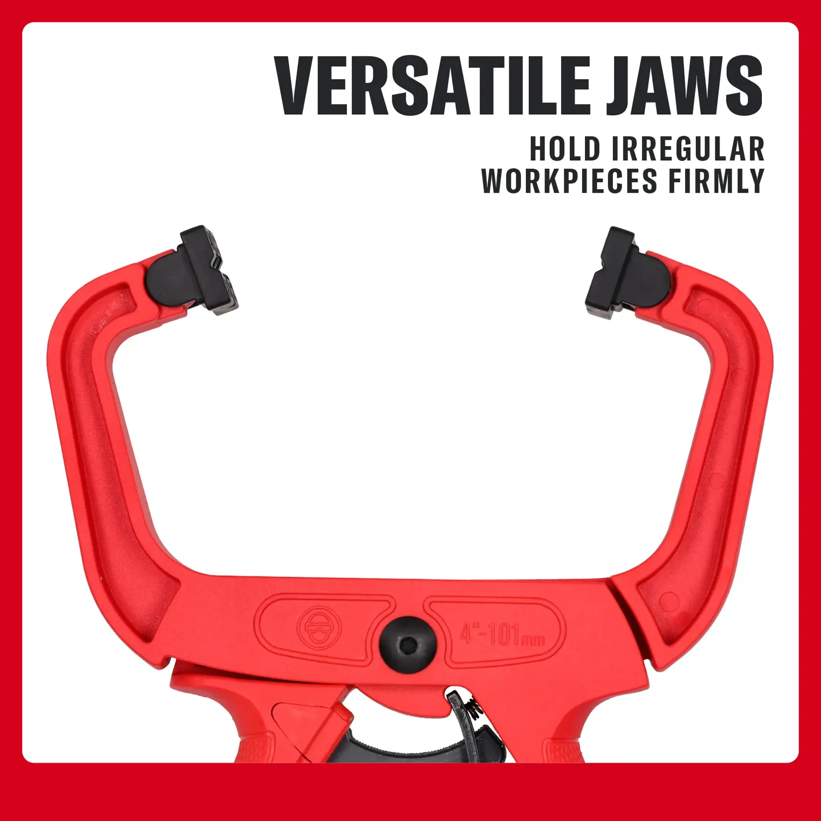 Photo of Craftsman clamp with versatile jaws, SKU CMHT83274L, red, graphics showing jaw design on white background.
