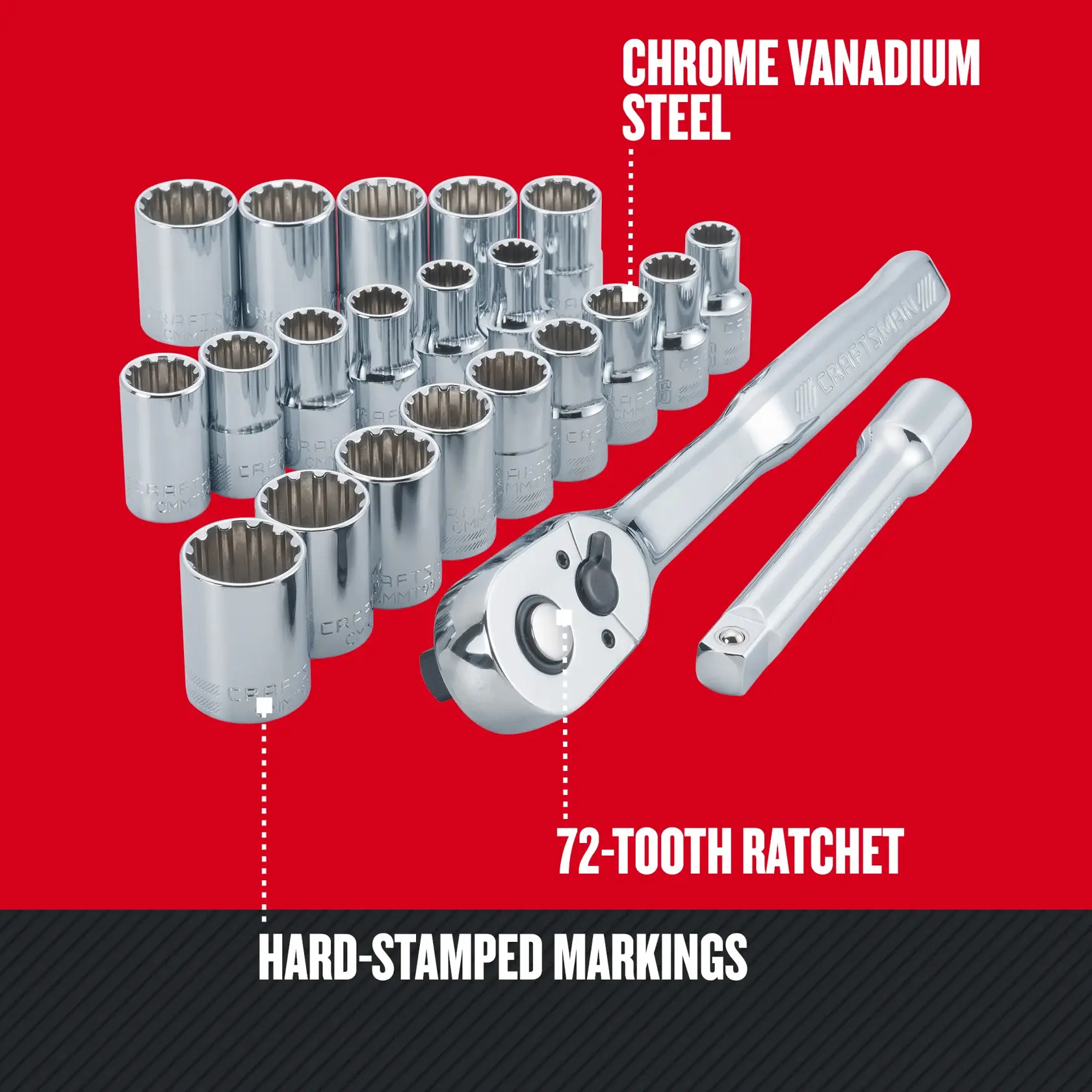Graphic of CRAFTSMAN Sockets: Set highlighting product features