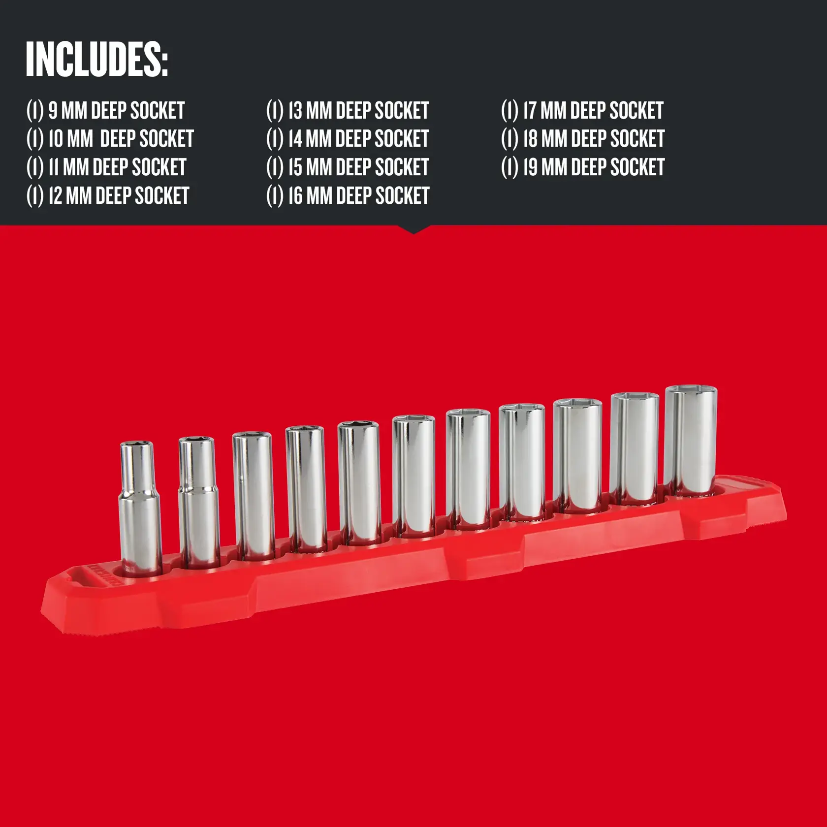 Craftsman deep socket set CMMT12045, silver sockets on red tray, photo shows twelve pieces front angle.