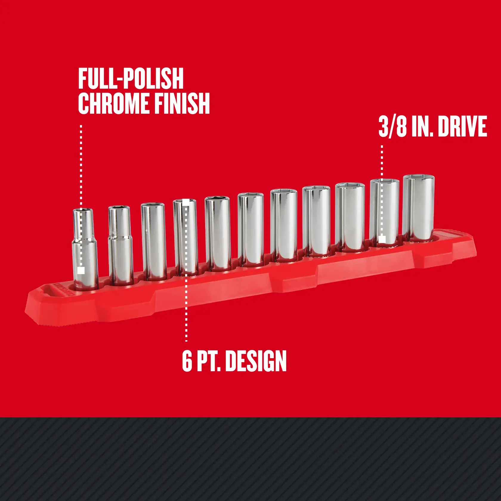 Craftsman chrome socket set CMMT12045 with 6-point design, 3/8 in. drive, on red tray, side angle.