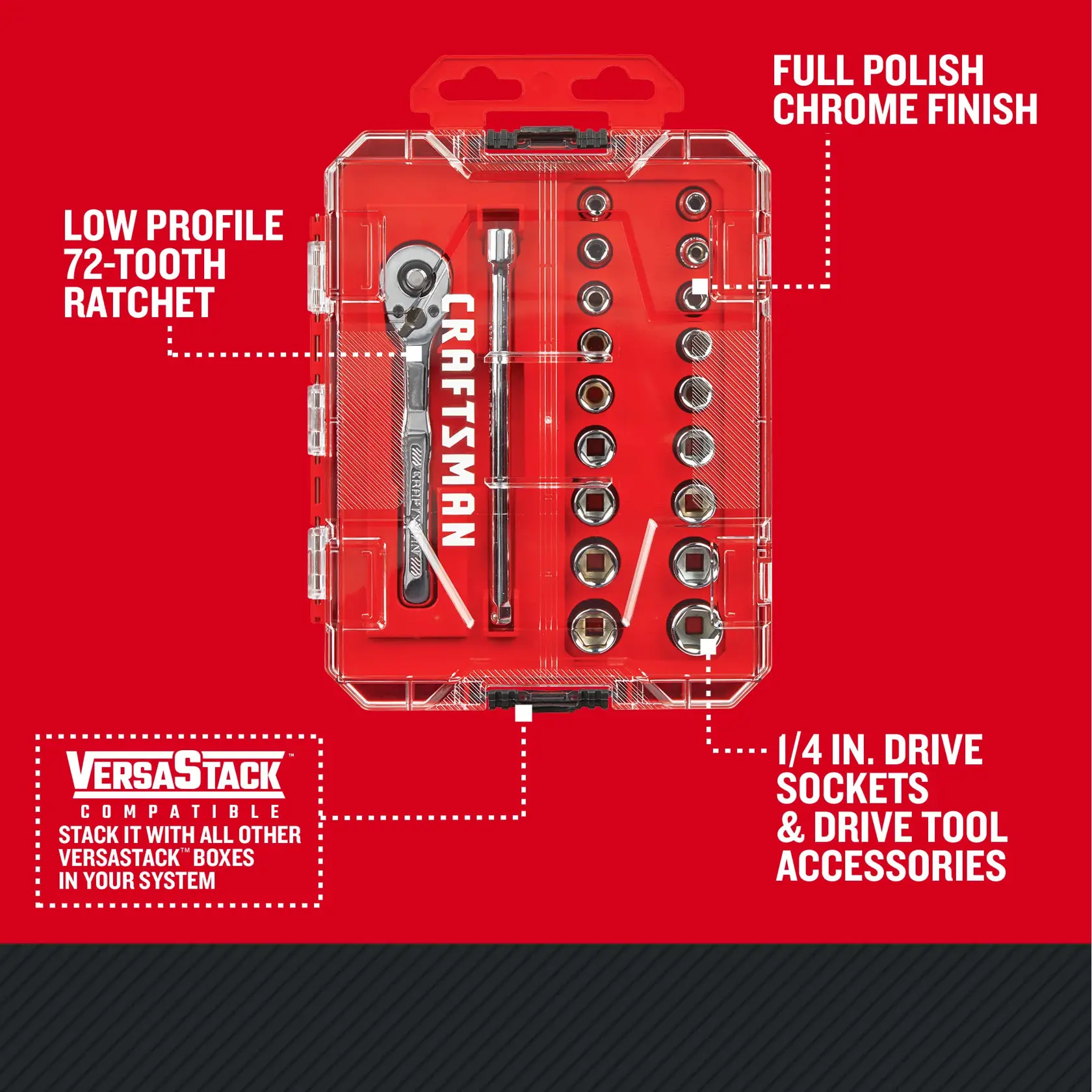 CRAFTSMAN Low Profile 20 piece 1/4 inch drive NANO MECHANICS TOOL SET with features and benefits highlighted
