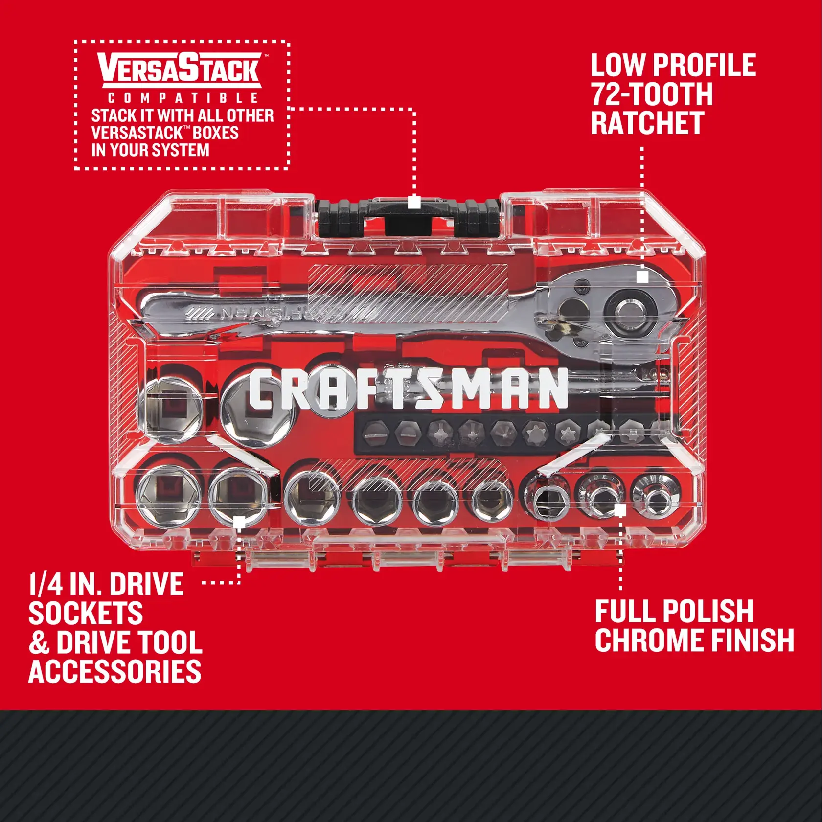 CRAFTSMAN Low Profile 24 piece 1/4 inch drive NANO MECHANICS TOOL SET with features and benefits highlighted