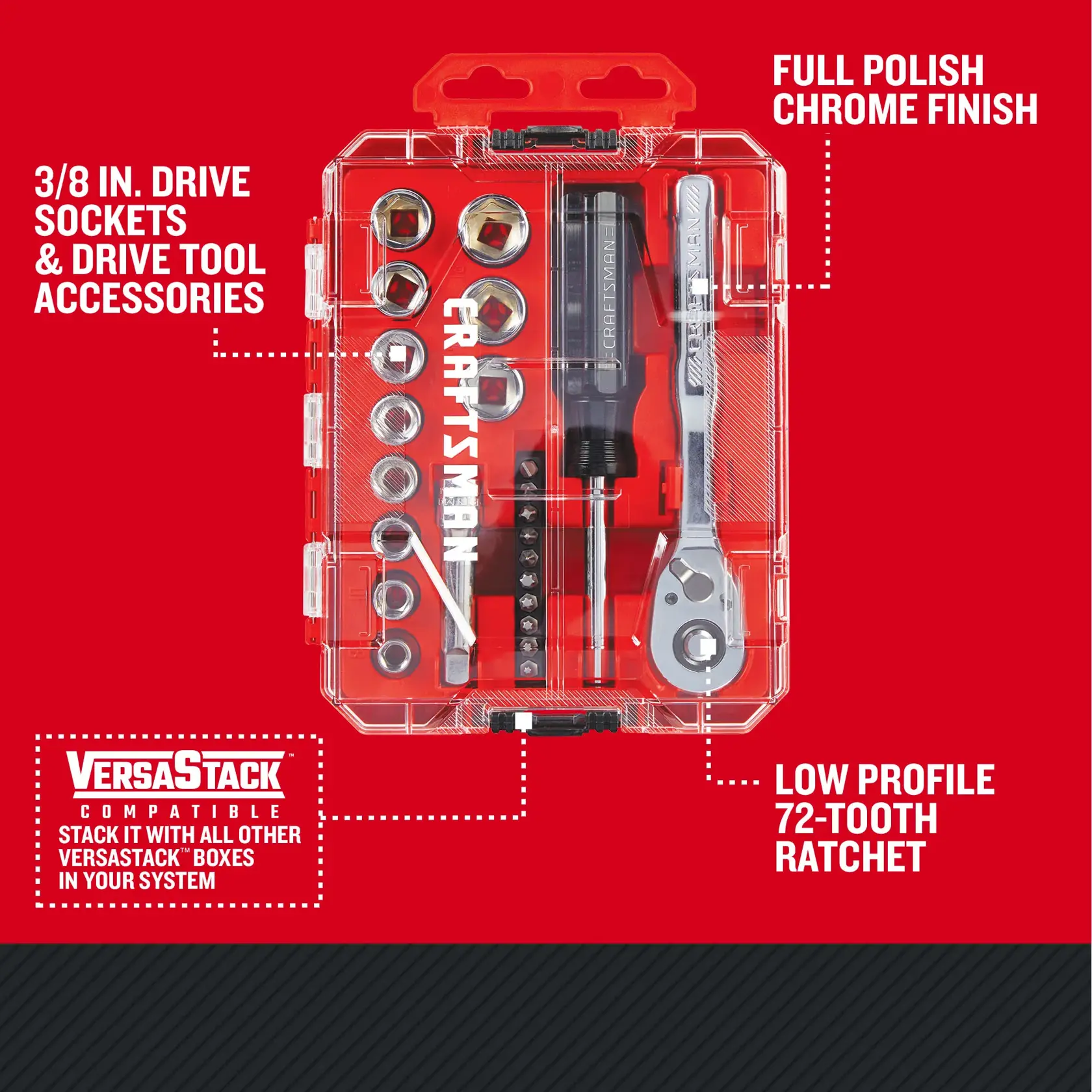 CRAFTSMAN Low Profile 24 piece 3/8 inch drive NANO MECHANICS TOOL SET with features and benefits highlighted