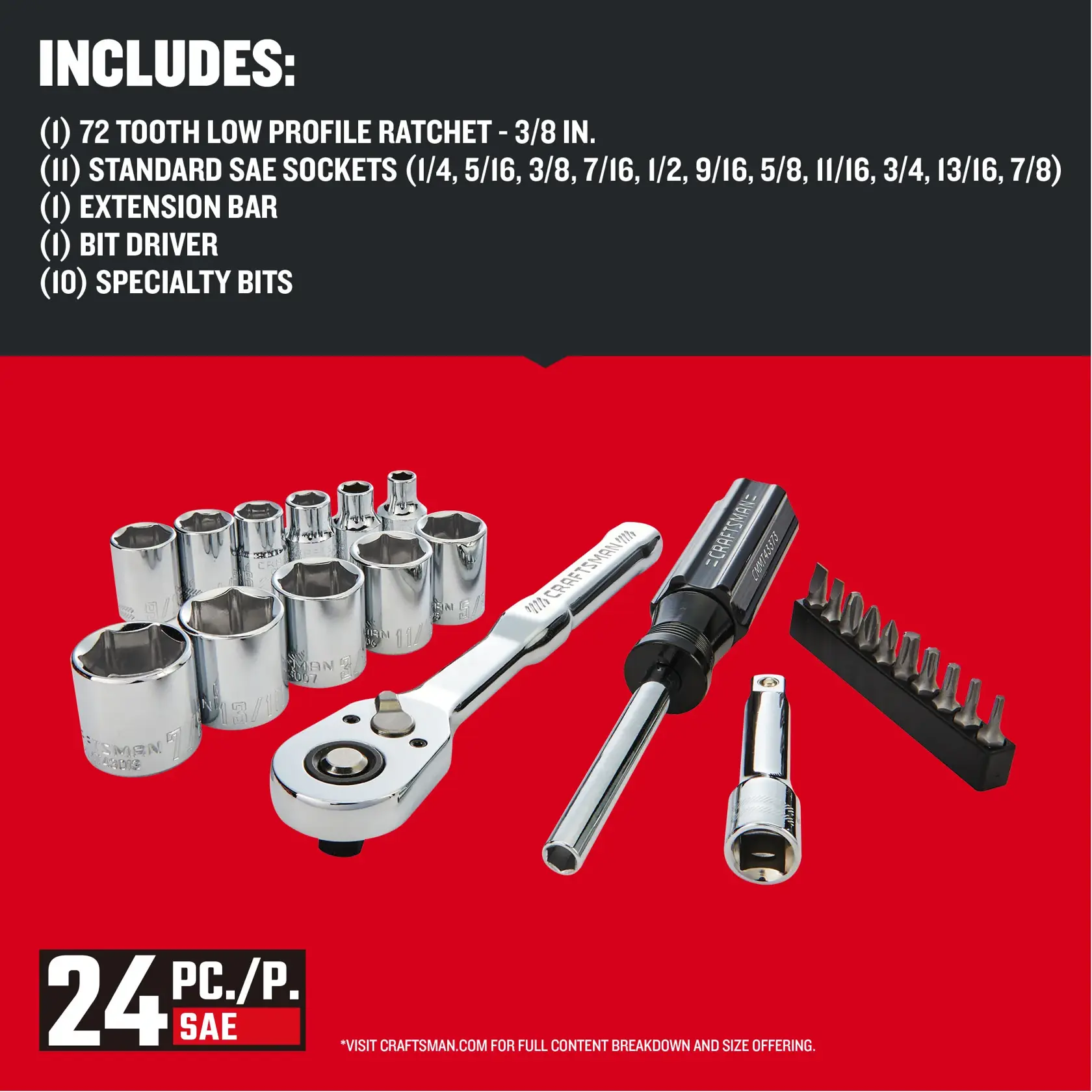 CRAFTSMAN Low Profile 24 piece 3/8 inch drive NANO MECHANICS TOOL SET with contents list